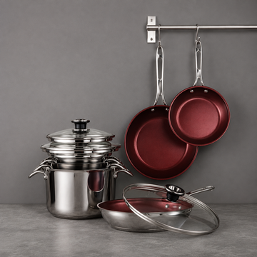 Mericans Signature 10-Piece Stacking Stainless Steel Cookware Set – Aluminum Base, Induction Compatible