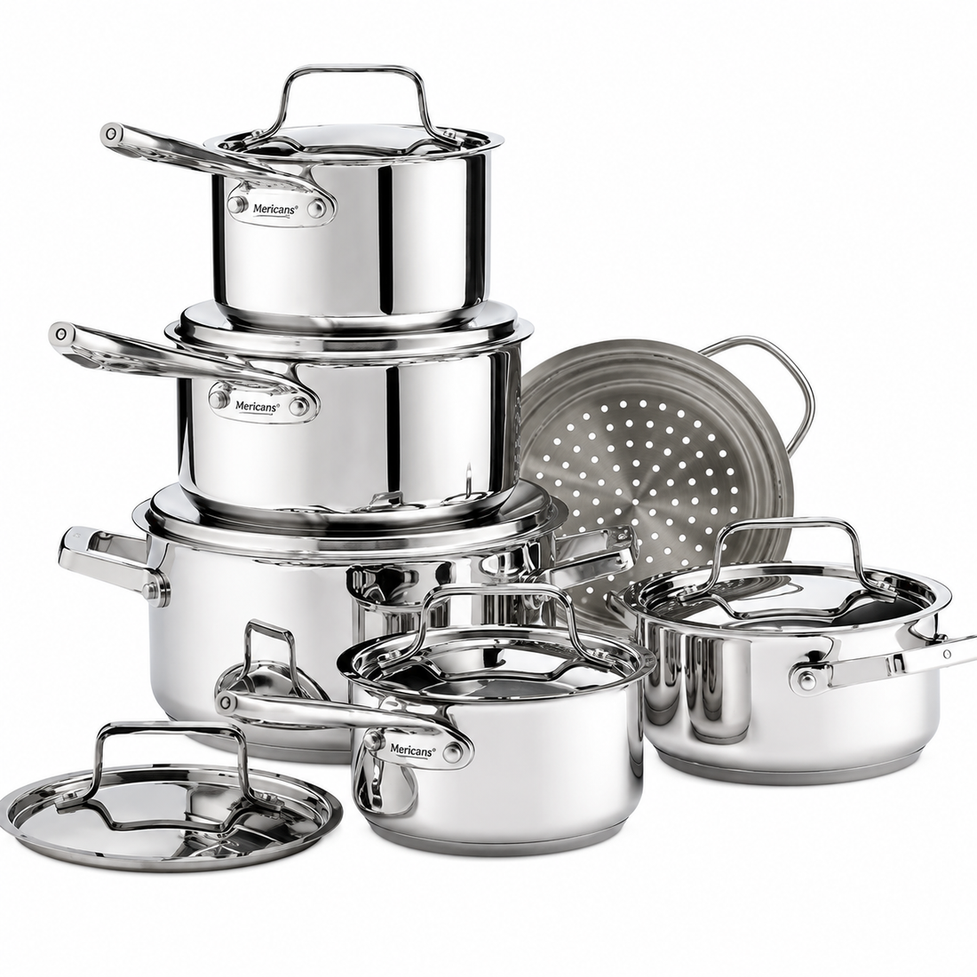 Mericans Signature 12-Piece Stainless Steel Cookware Set – Aluminum Core, Induction Compatible