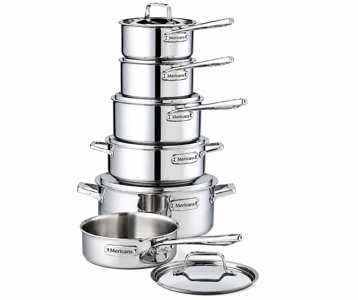 Mericans Professional 12-Piece 3-Ply Stainless Steel Cookware Set – Fully Clad, Induction Compatible