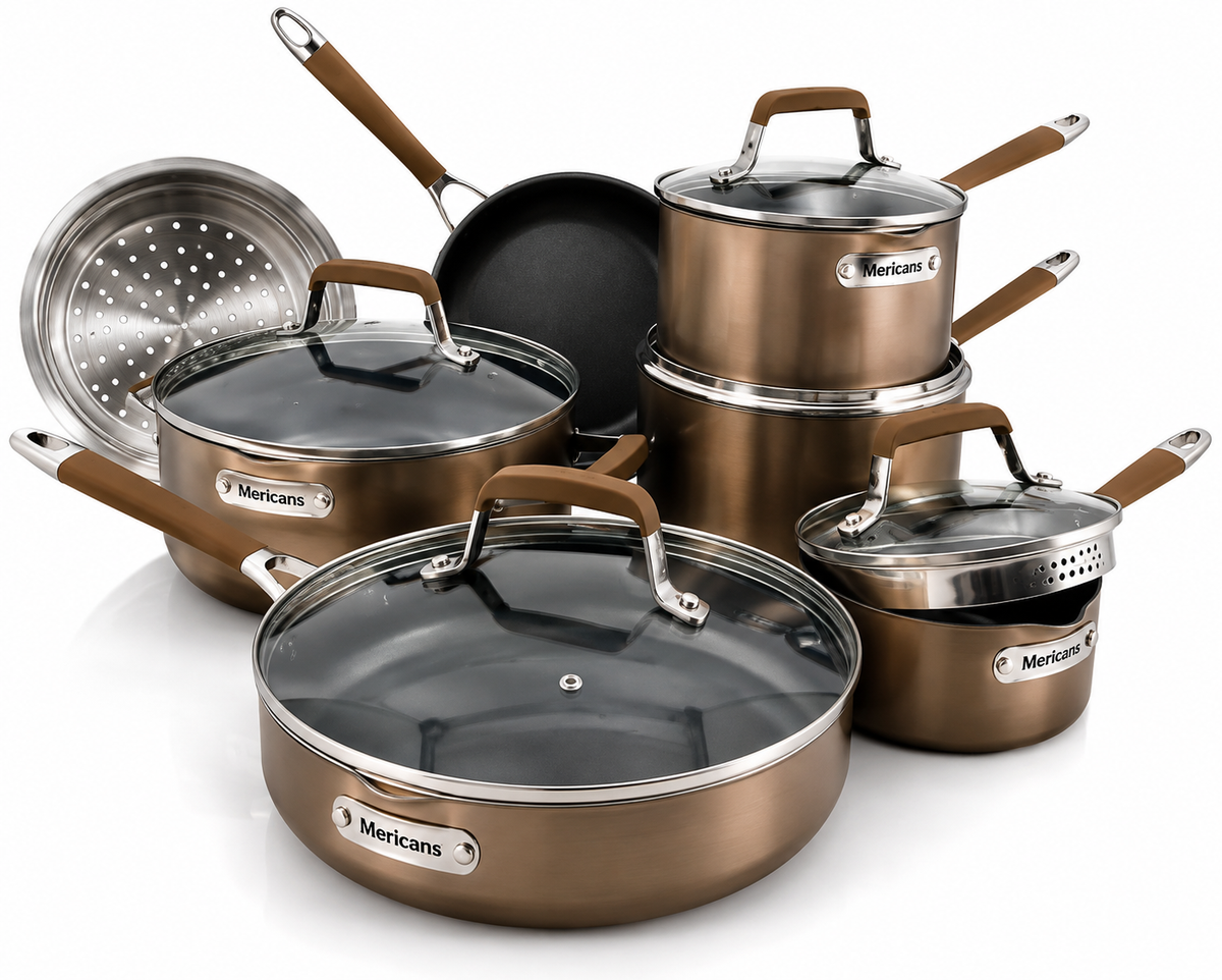 Mericans Classic 12-Piece Champagne Bronze Nonstick Aluminum Cookware Set
