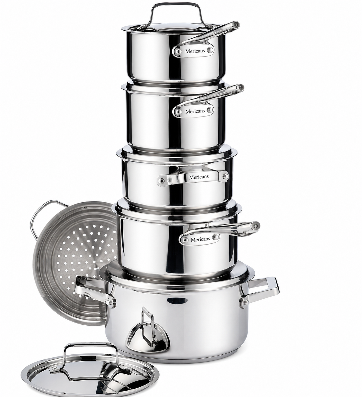 Mericans Signature 12-Piece Stainless Steel Cookware Set – Aluminum Core, Induction Compatible
