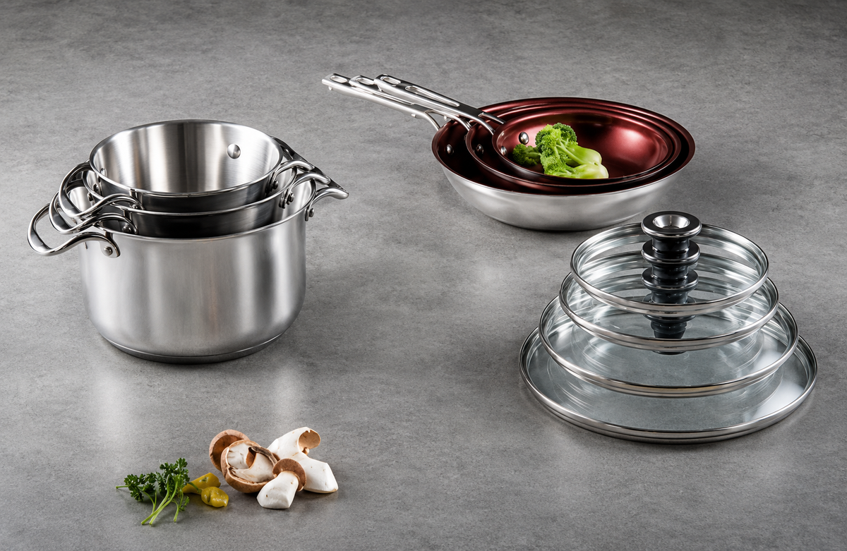 Mericans Signature 10-Piece Stacking Stainless Steel Cookware Set – Aluminum Base, Induction Compatible