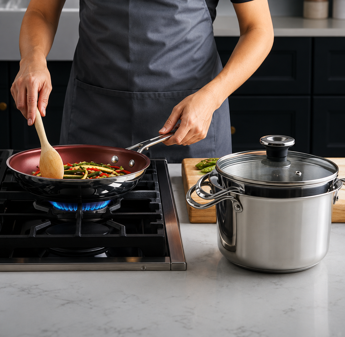 Mericans Signature 10-Piece Stacking Stainless Steel Cookware Set – Aluminum Base, Induction Compatible