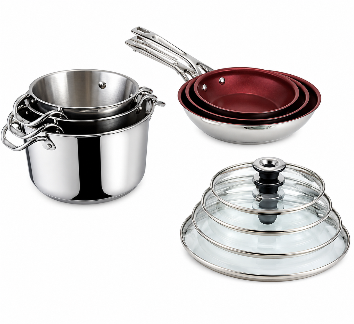 Mericans Signature 10-Piece Stacking Stainless Steel Cookware Set – Aluminum Base, Induction Compatible