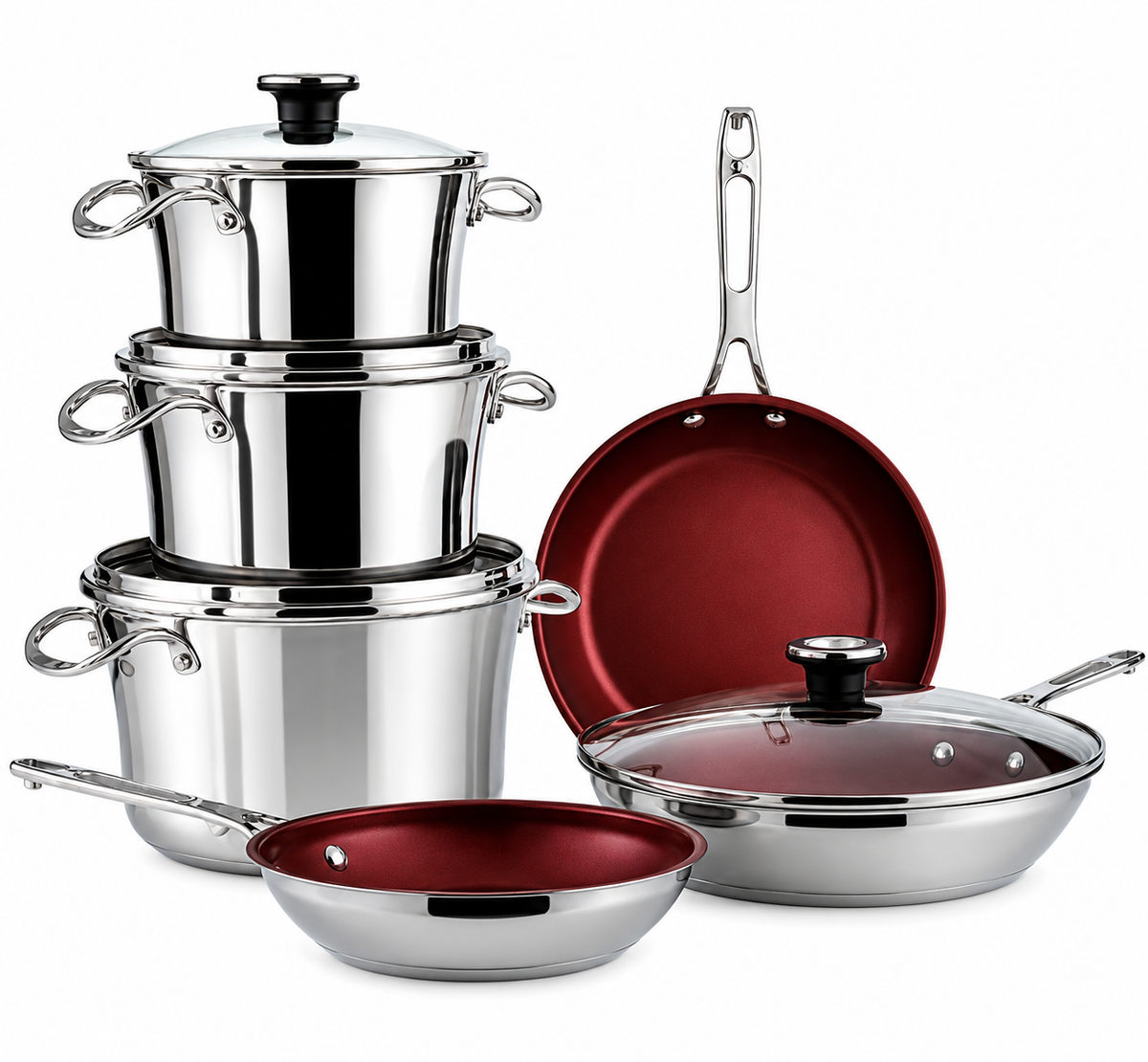 Mericans Signature 10-Piece Stacking Stainless Steel Cookware Set – Aluminum Base, Induction Compatible
