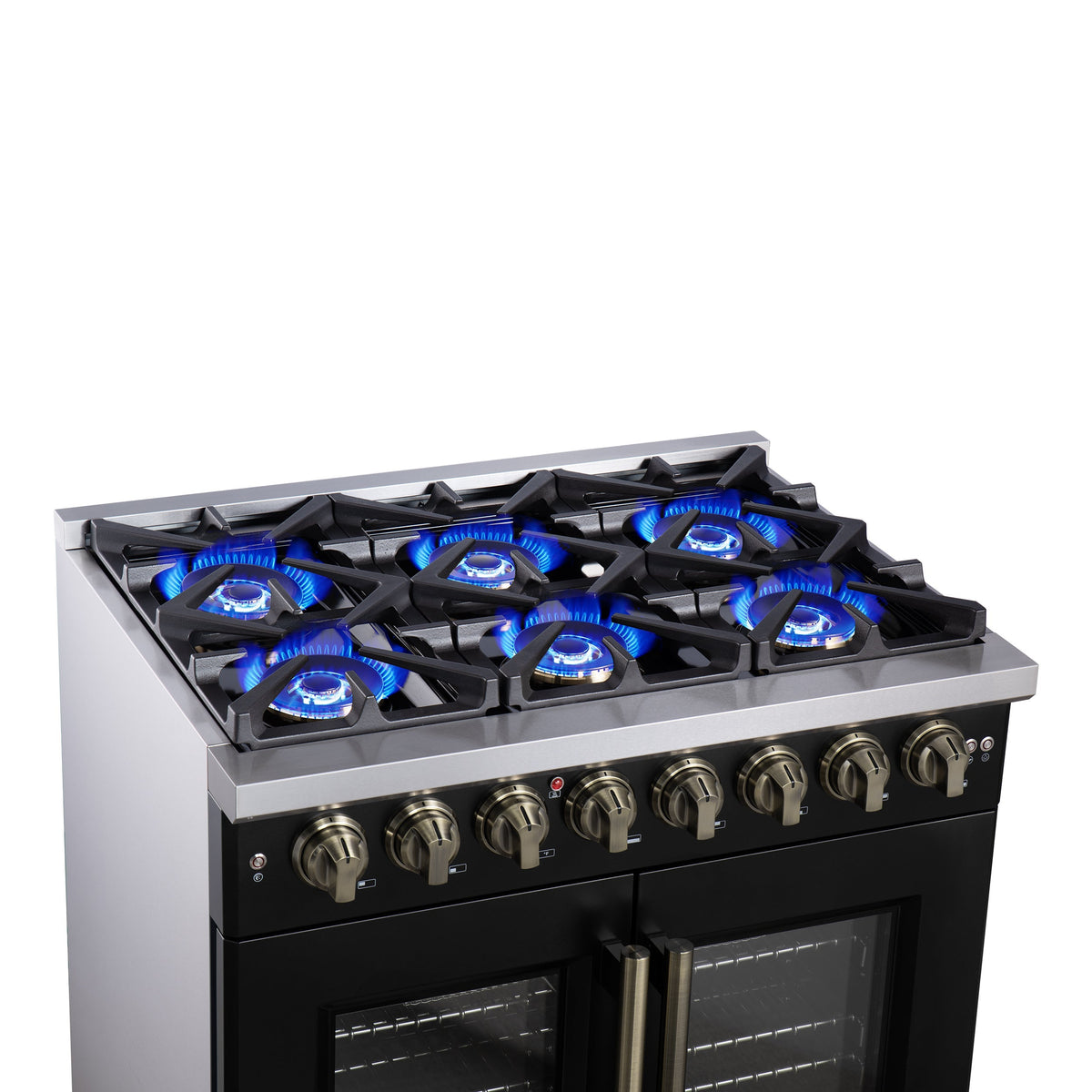 Forno Capriasca 36-Inch Dual Fuel Range, 5.36 Cu. Ft., 6 Sealed Brass Burners, Black with Antique Brass Accents, FFSGS6387-36BLK