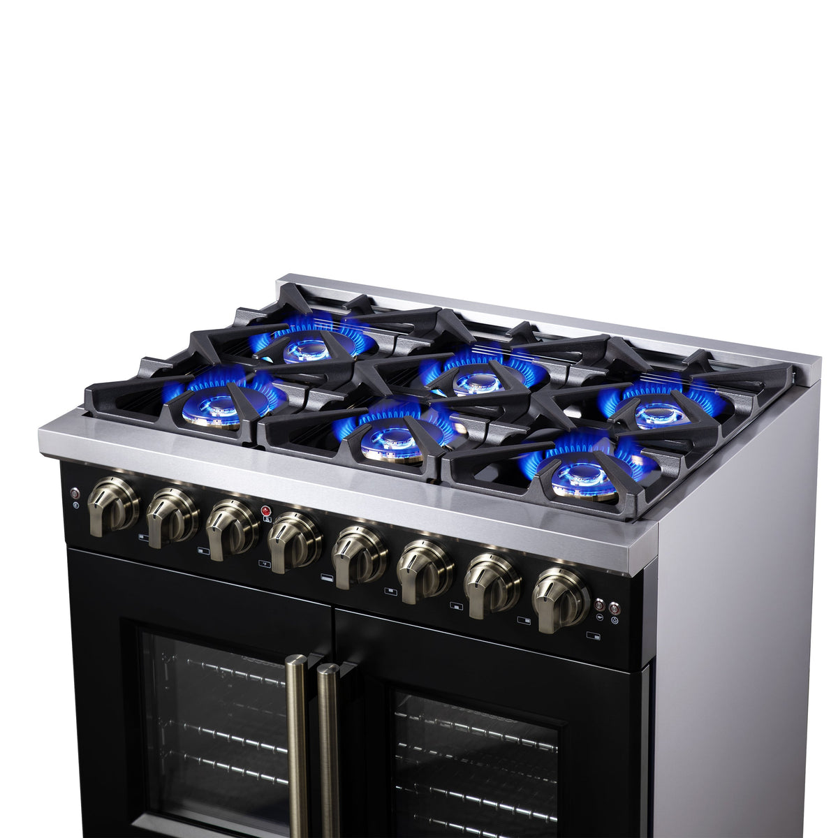 Forno Capriasca 36-Inch Dual Fuel Range, 5.36 Cu. Ft., 6 Sealed Brass Burners, Black with Antique Brass Accents, FFSGS6387-36BLK