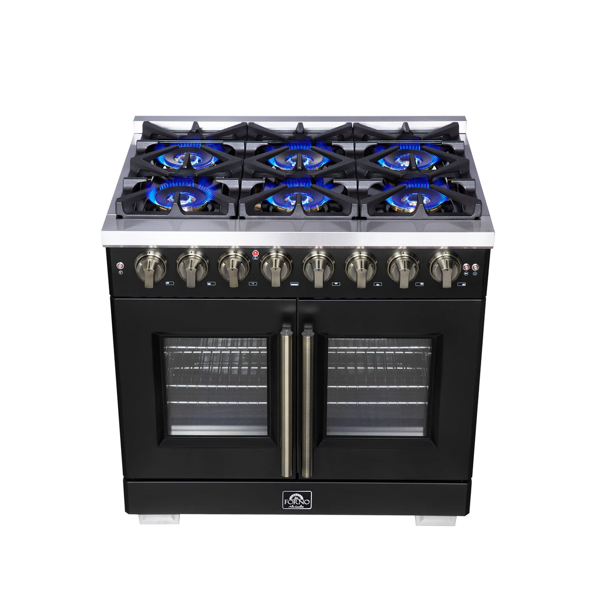 Forno Capriasca 36-Inch Dual Fuel Range, 5.36 Cu. Ft., 6 Sealed Brass Burners, Black with Antique Brass Accents, FFSGS6387-36BLK