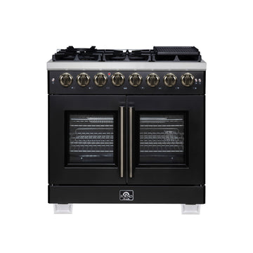 Forno Capriasca 36-Inch Dual Fuel Range, 5.36 Cu. Ft., 6 Sealed Brass Burners, Black with Antique Brass Accents, FFSGS6387-36BLK