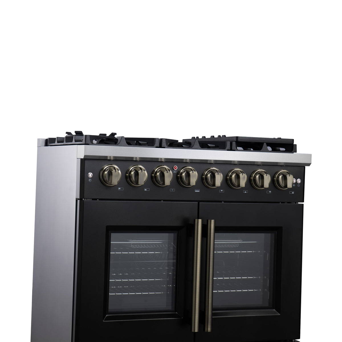 Forno Capriasca 36-Inch Dual Fuel Range, 5.36 Cu. Ft., 6 Sealed Brass Burners, Black with Antique Brass Accents, FFSGS6387-36BLK
