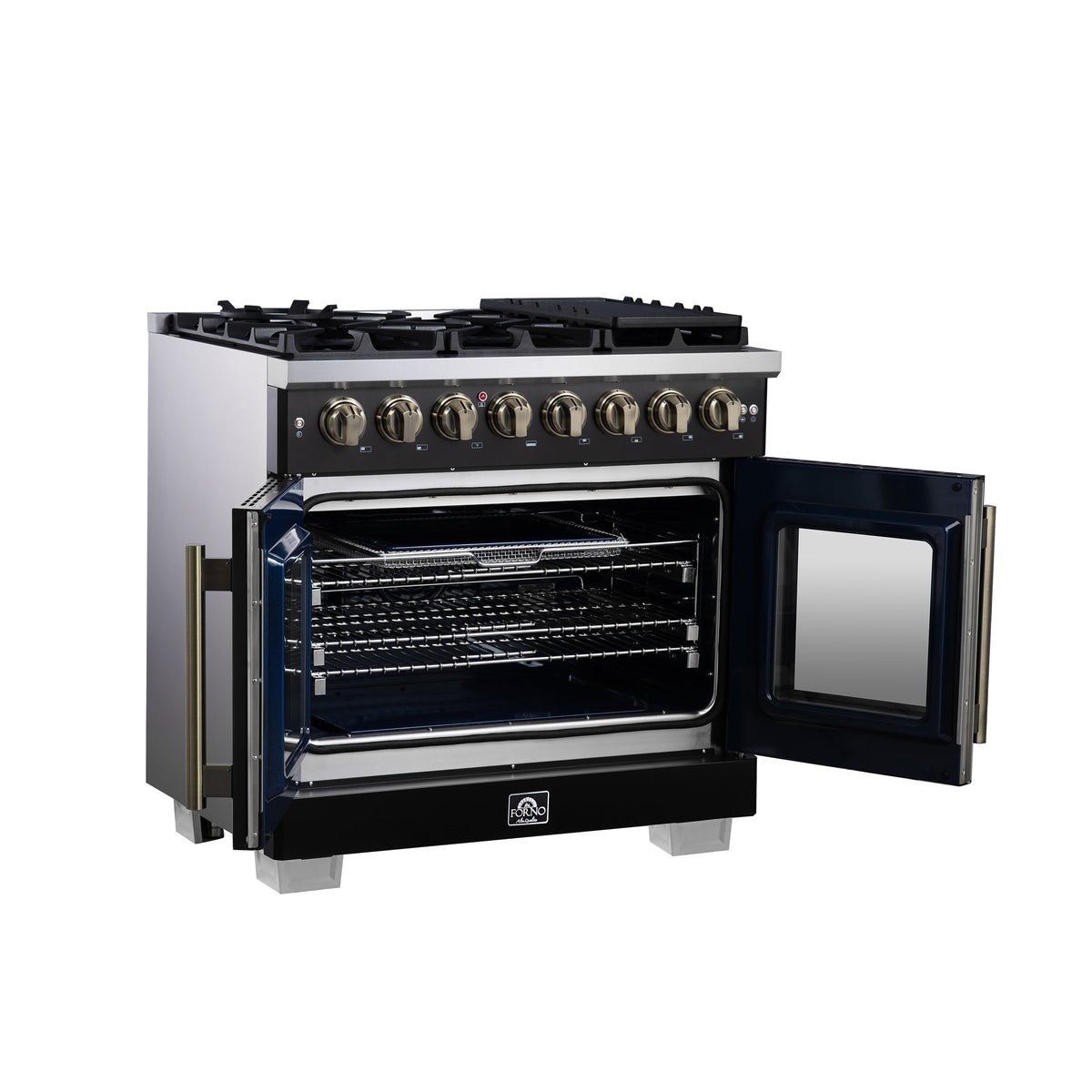 Forno Capriasca 36-Inch Dual Fuel Range, 5.36 Cu. Ft., 6 Sealed Brass Burners, Black with Antique Brass Accents, FFSGS6387-36BLK