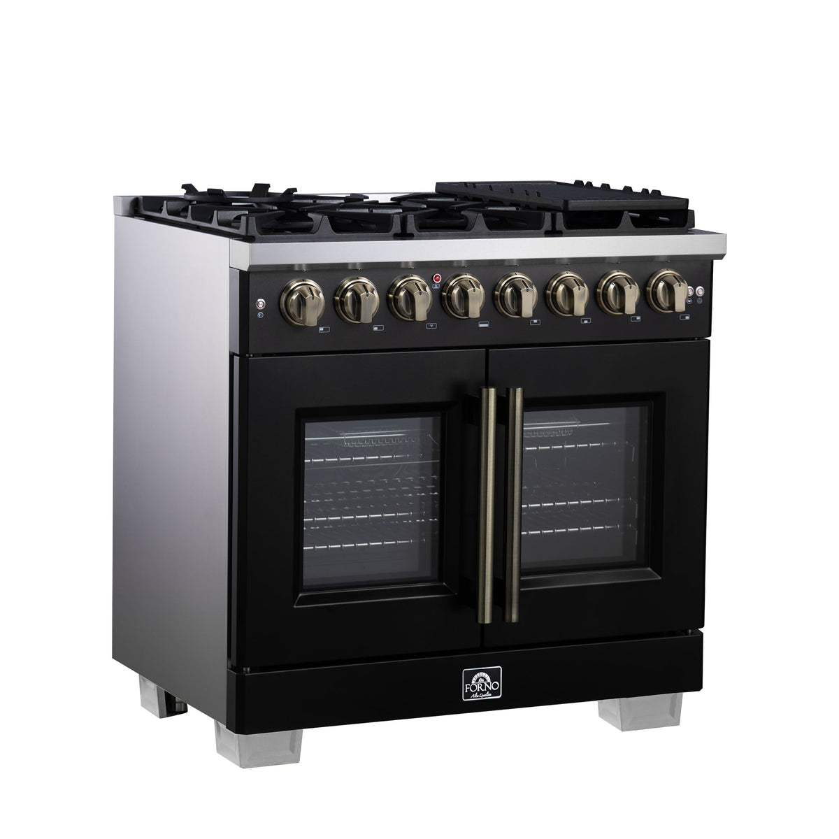 Forno Capriasca 36-Inch Dual Fuel Range, 5.36 Cu. Ft., 6 Sealed Brass Burners, Black with Antique Brass Accents, FFSGS6387-36BLK