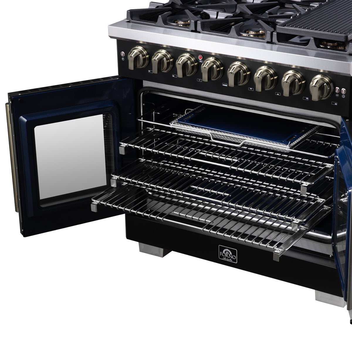Forno Capriasca 36-Inch Dual Fuel Range, 5.36 Cu. Ft., 6 Sealed Brass Burners, Black with Antique Brass Accents, FFSGS6387-36BLK