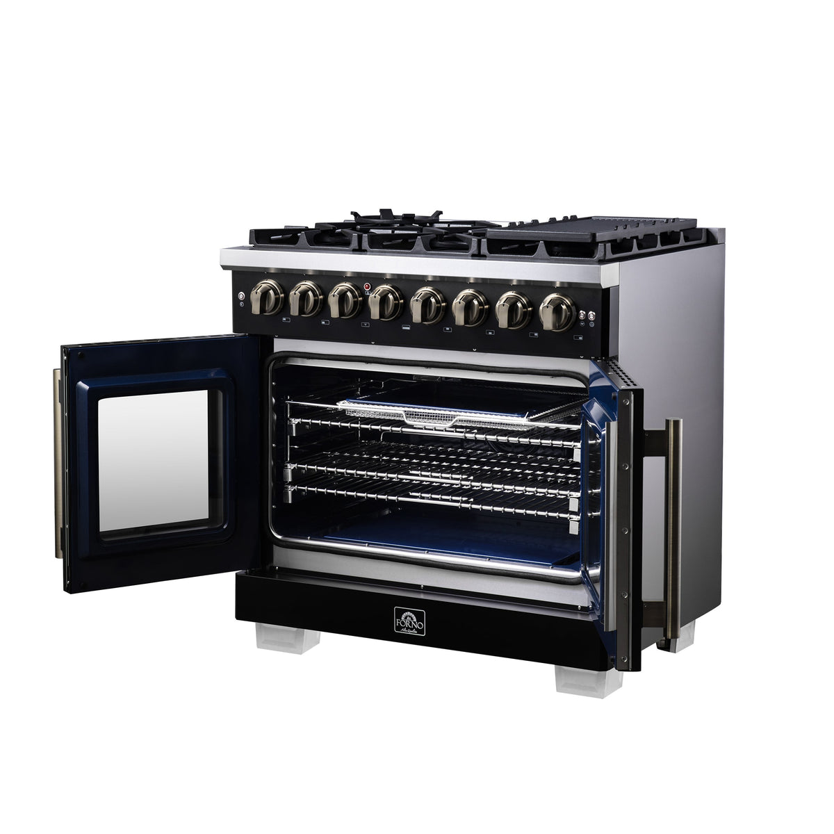 Forno Capriasca 36-Inch Dual Fuel Range, 5.36 Cu. Ft., 6 Sealed Brass Burners, Black with Antique Brass Accents, FFSGS6387-36BLK