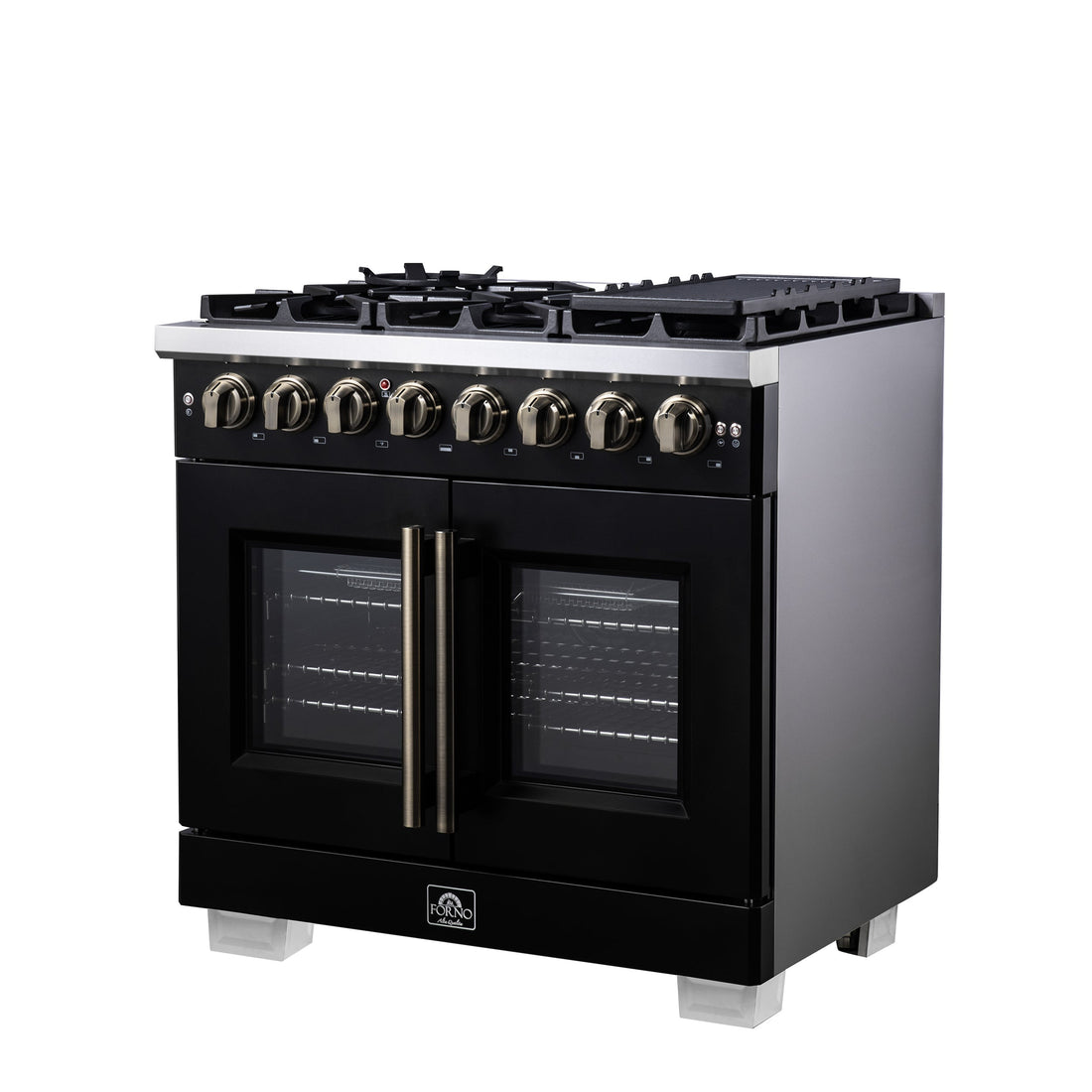 Forno Capriasca 36-Inch Dual Fuel Range, 5.36 Cu. Ft., 6 Sealed Brass Burners, Black with Antique Brass Accents, FFSGS6387-36BLK
