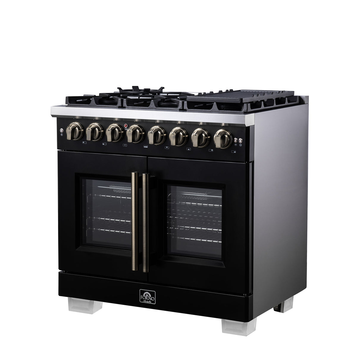 Forno Capriasca 36-Inch Dual Fuel Range, 5.36 Cu. Ft., 6 Sealed Brass Burners, Black with Antique Brass Accents, FFSGS6387-36BLK