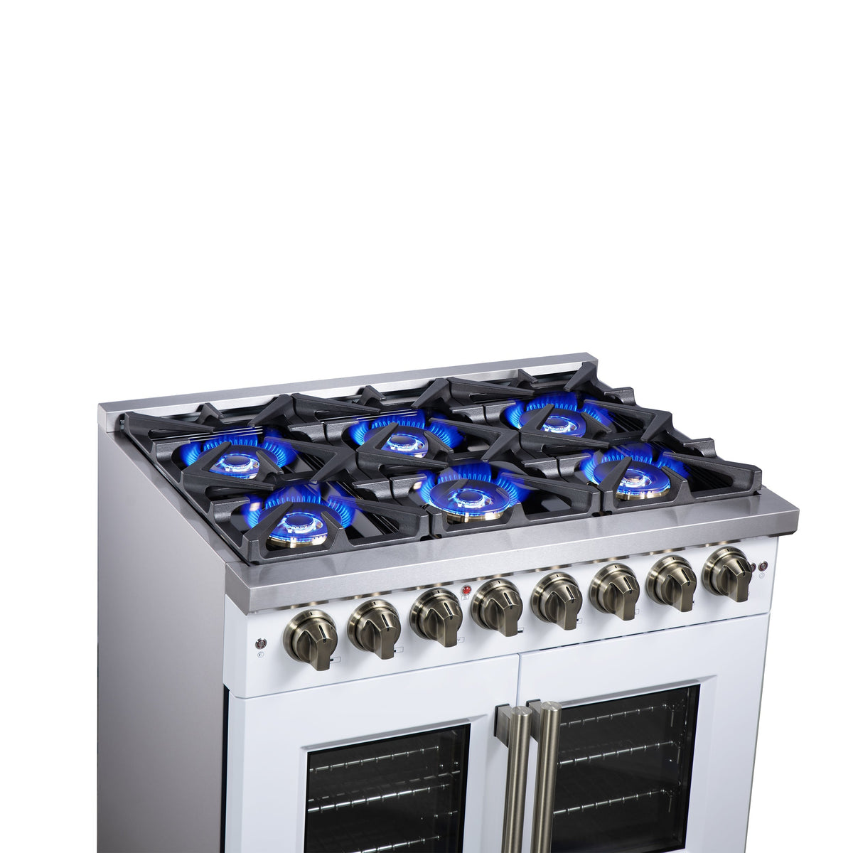 Forno Capriasca 36-Inch Dual Fuel Freestanding Range, 5.36 cu. ft. Oven, 6 Sealed Brass Burners, Air Fry Basket, Rotisserie Kit, Wok Ring & Griddle, White with Antique Brass Acccents (FFSGS6387-36WHT)