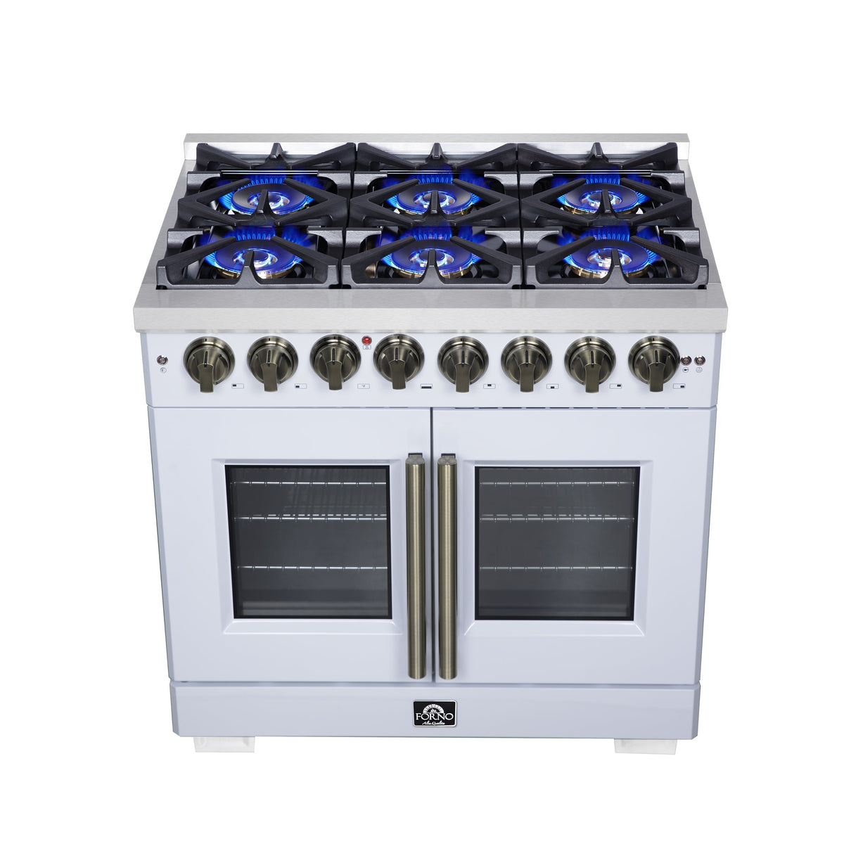 Forno Capriasca 36-Inch Dual Fuel Freestanding Range, 5.36 cu. ft. Oven, 6 Sealed Brass Burners, Air Fry Basket, Rotisserie Kit, Wok Ring & Griddle, White with Antique Brass Acccents (FFSGS6387-36WHT)