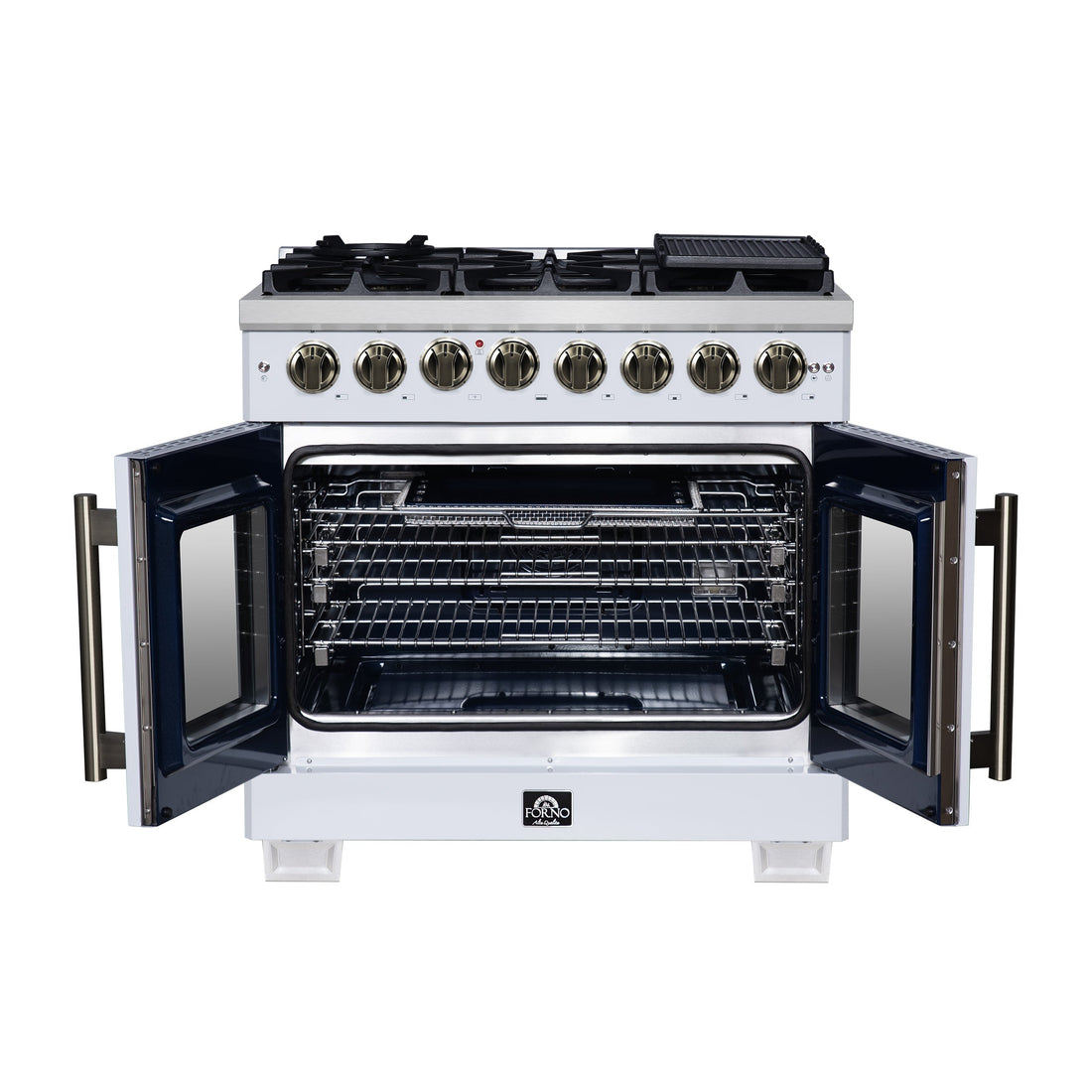 Forno Capriasca 36-Inch Dual Fuel Freestanding Range, 5.36 cu. ft. Oven, 6 Sealed Brass Burners, Air Fry Basket, Rotisserie Kit, Wok Ring & Griddle, White with Antique Brass Acccents (FFSGS6387-36WHT)