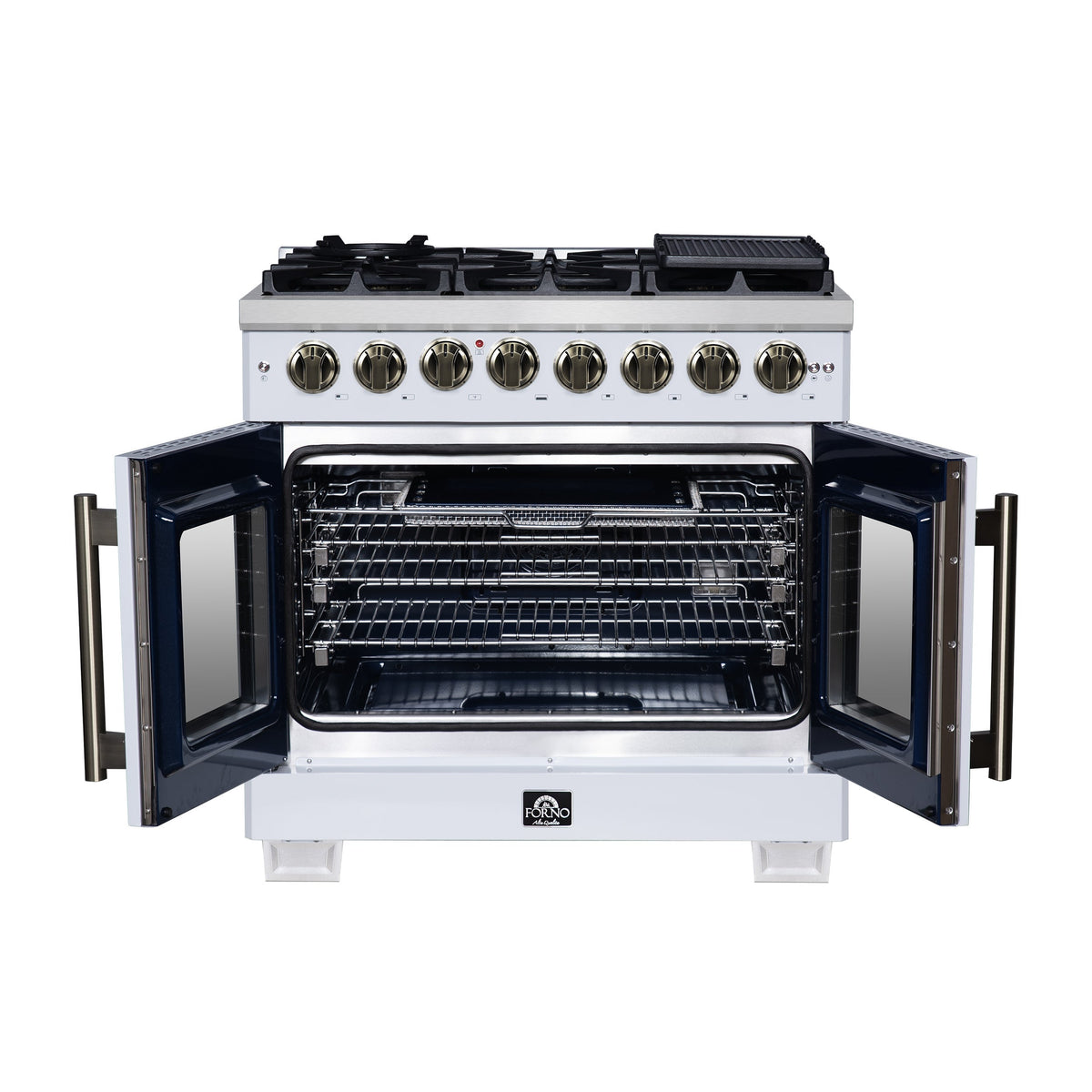 Forno Capriasca 36-Inch Dual Fuel Freestanding Range, 5.36 cu. ft. Oven, 6 Sealed Brass Burners, Air Fry Basket, Rotisserie Kit, Wok Ring & Griddle, White with Antique Brass Acccents (FFSGS6387-36WHT)