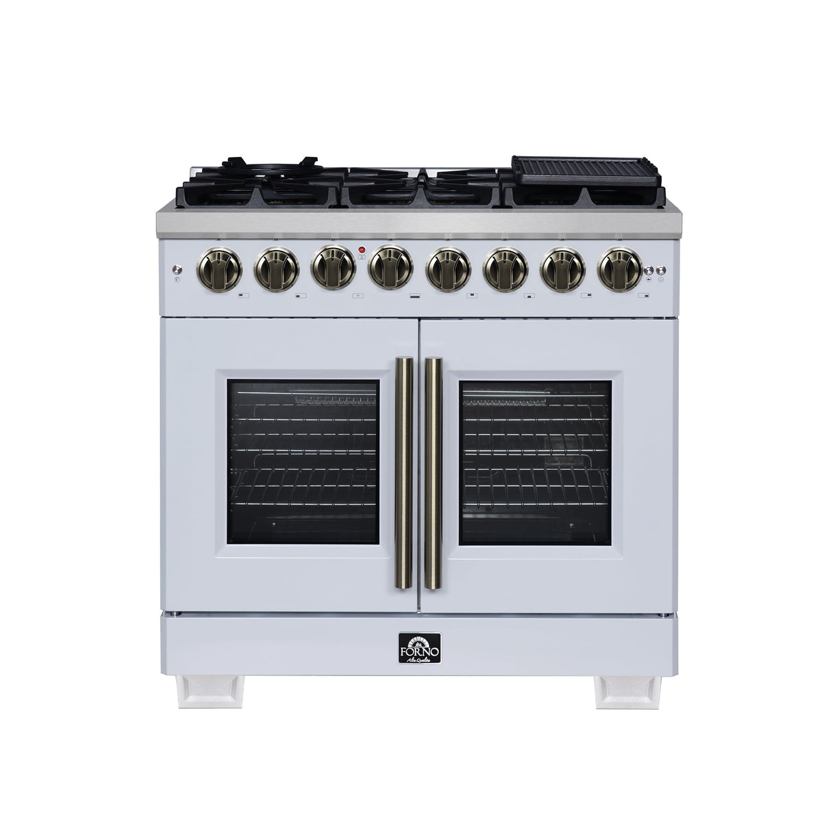 Forno Capriasca 36-Inch Dual Fuel Freestanding Range, 5.36 cu. ft. Oven, 6 Sealed Brass Burners, Air Fry Basket, Rotisserie Kit, Wok Ring & Griddle, White with Antique Brass Acccents (FFSGS6387-36WHT)