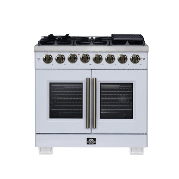 Forno Capriasca 36-Inch Dual Fuel Freestanding Range, 5.36 cu. ft. Oven, 6 Sealed Brass Burners, Air Fry Basket, Rotisserie Kit, Wok Ring & Griddle, White with Antique Brass Acccents (FFSGS6387-36WHT)