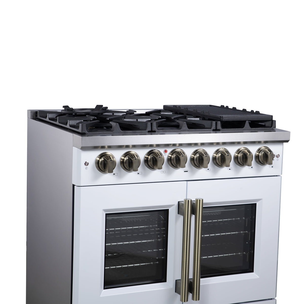 Forno Capriasca 36-Inch Dual Fuel Freestanding Range, 5.36 cu. ft. Oven, 6 Sealed Brass Burners, Air Fry Basket, Rotisserie Kit, Wok Ring & Griddle, White with Antique Brass Acccents (FFSGS6387-36WHT)
