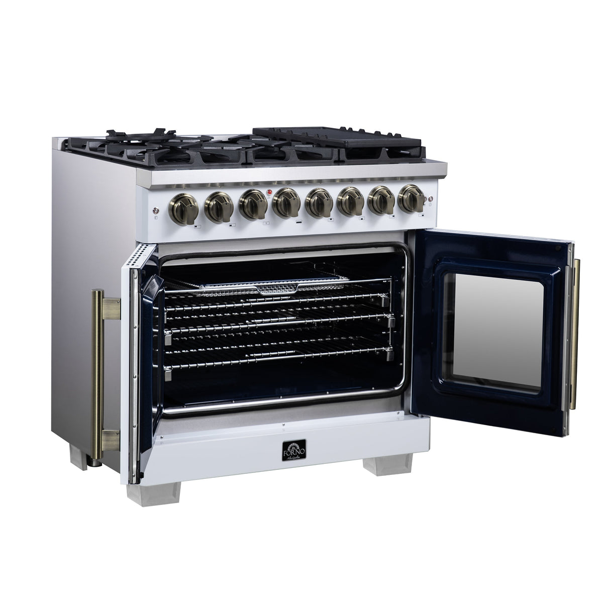 Forno Capriasca 36-Inch Dual Fuel Freestanding Range, 5.36 cu. ft. Oven, 6 Sealed Brass Burners, Air Fry Basket, Rotisserie Kit, Wok Ring & Griddle, White with Antique Brass Acccents (FFSGS6387-36WHT)