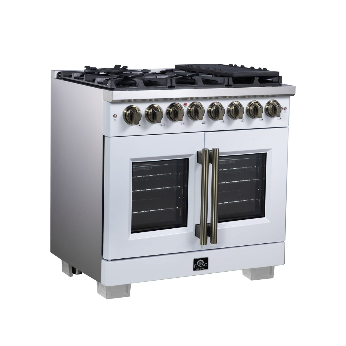 Forno Capriasca 36-Inch Dual Fuel Freestanding Range, 5.36 cu. ft. Oven, 6 Sealed Brass Burners, Air Fry Basket, Rotisserie Kit, Wok Ring & Griddle, White with Antique Brass Acccents (FFSGS6387-36WHT)