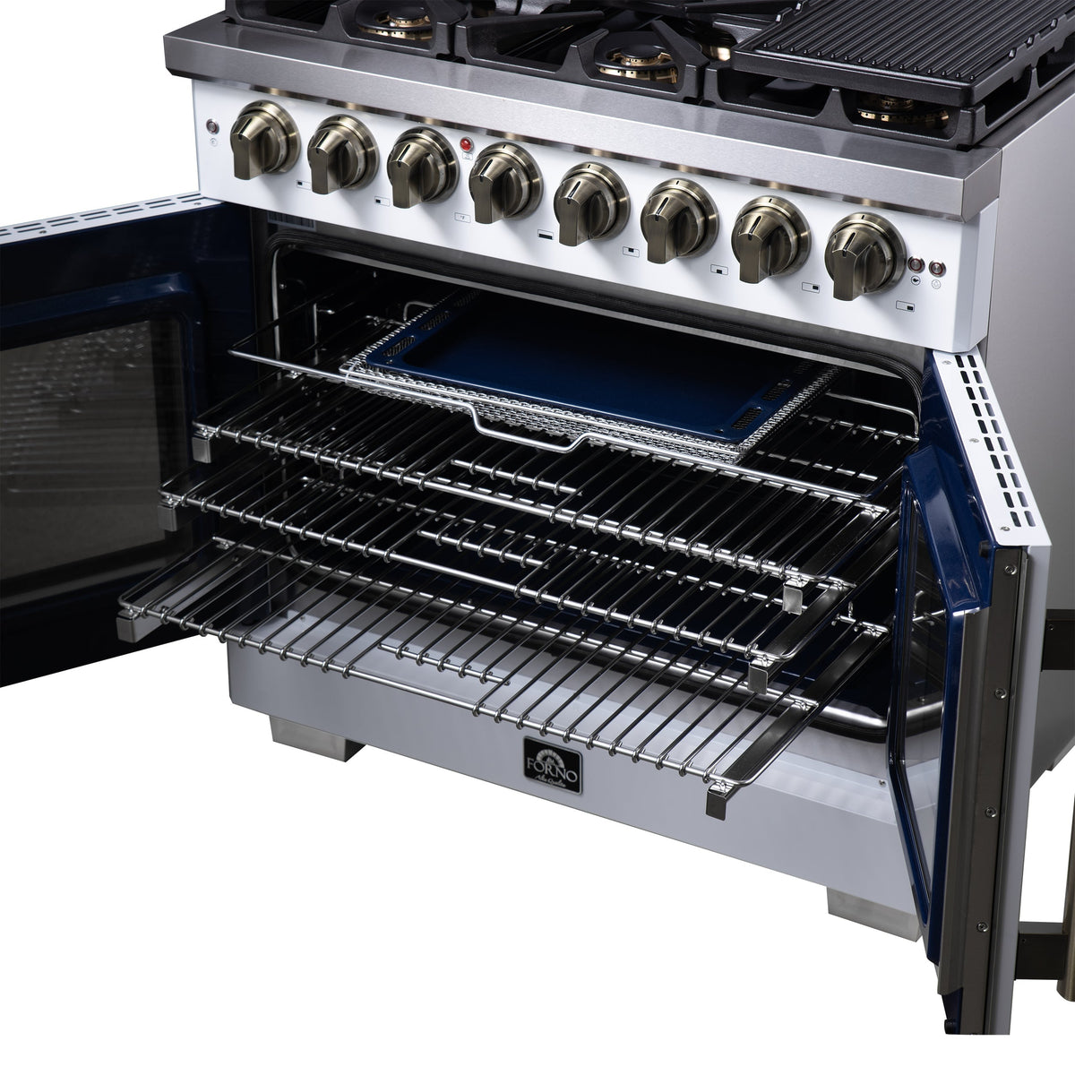 Forno Capriasca 36-Inch Dual Fuel Freestanding Range, 5.36 cu. ft. Oven, 6 Sealed Brass Burners, Air Fry Basket, Rotisserie Kit, Wok Ring & Griddle, White with Antique Brass Acccents (FFSGS6387-36WHT)