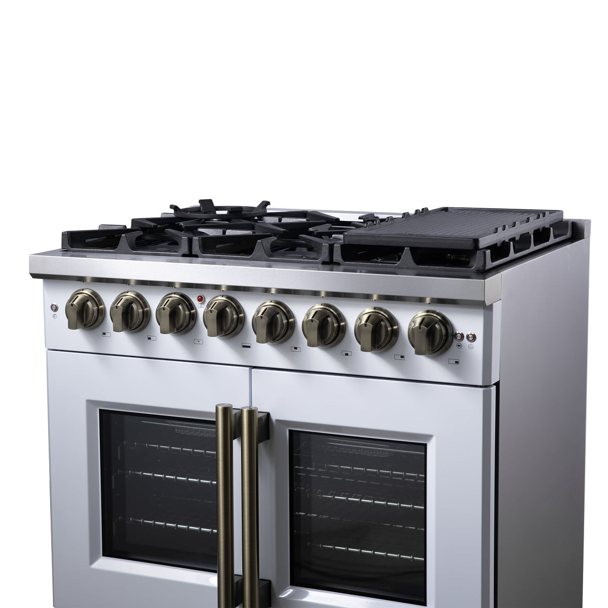 Forno Capriasca 36-Inch Dual Fuel Freestanding Range, 5.36 cu. ft. Oven, 6 Sealed Brass Burners, Air Fry Basket, Rotisserie Kit, Wok Ring & Griddle, White with Antique Brass Acccents (FFSGS6387-36WHT)