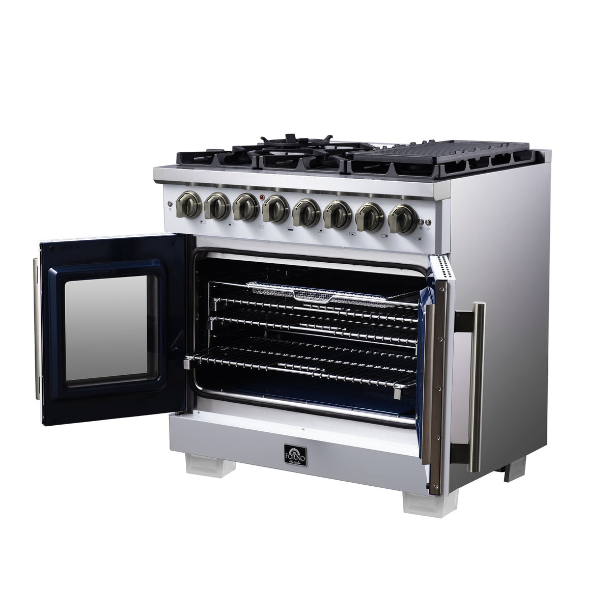 Forno Capriasca 36-Inch Dual Fuel Freestanding Range, 5.36 cu. ft. Oven, 6 Sealed Brass Burners, Air Fry Basket, Rotisserie Kit, Wok Ring & Griddle, White with Antique Brass Acccents (FFSGS6387-36WHT)