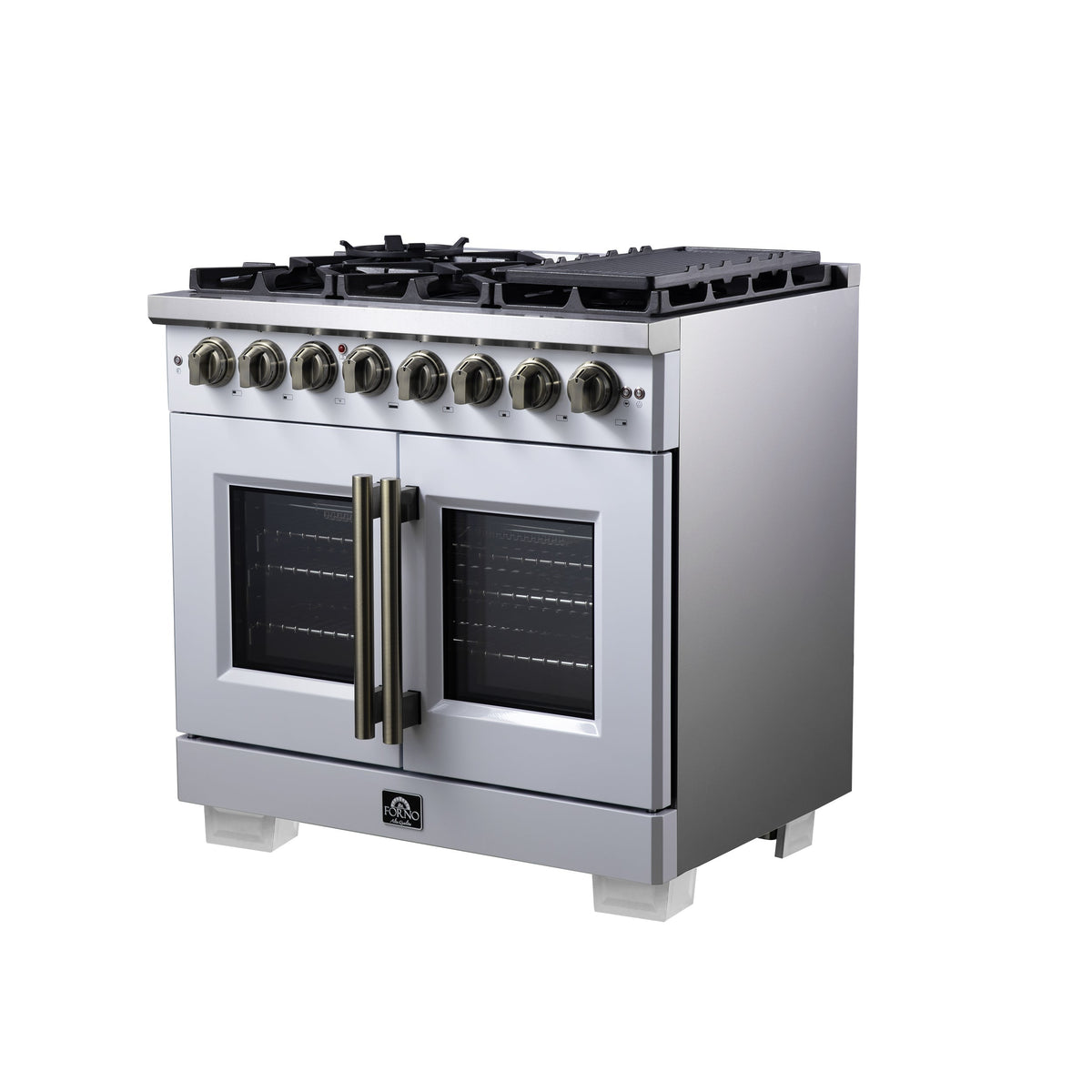 Forno Capriasca 36-Inch Dual Fuel Freestanding Range, 5.36 cu. ft. Oven, 6 Sealed Brass Burners, Air Fry Basket, Rotisserie Kit, Wok Ring & Griddle, White with Antique Brass Acccents (FFSGS6387-36WHT)
