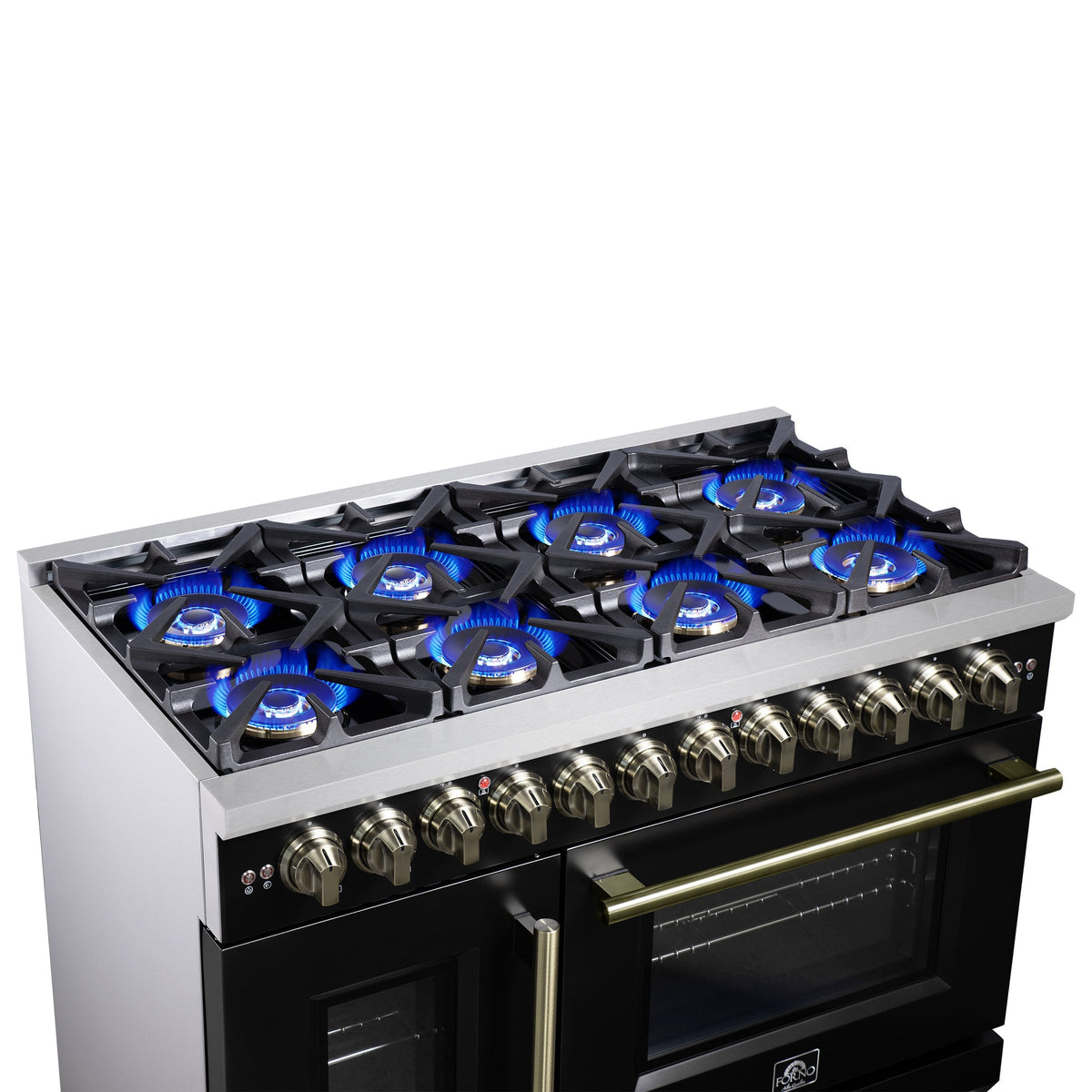 Forno Capriasca 48-Inch Dual Fuel Range, 6.58 cu. ft. Oven, 8 Sealed Brass Burners, Air Fryer Kit, Rotisserie Kit, Wok Ring & Griddle, Black with Antique Brass Accents (FFSGS6387-48BLK)