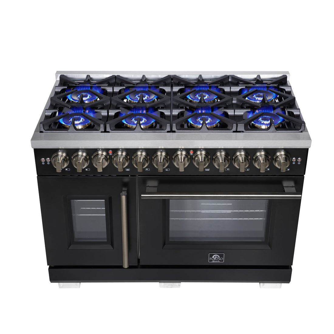 Forno Capriasca 48-Inch Dual Fuel Range, 6.58 cu. ft. Oven, 8 Sealed Brass Burners, Air Fryer Kit, Rotisserie Kit, Wok Ring & Griddle, Black with Antique Brass Accents (FFSGS6387-48BLK)