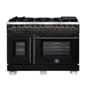 Forno Capriasca 48-Inch Dual Fuel Range, 6.58 cu. ft. Oven, 8 Sealed Brass Burners, Air Fryer Kit, Rotisserie Kit, Wok Ring & Griddle, Black with Antique Brass Accents (FFSGS6387-48BLK)