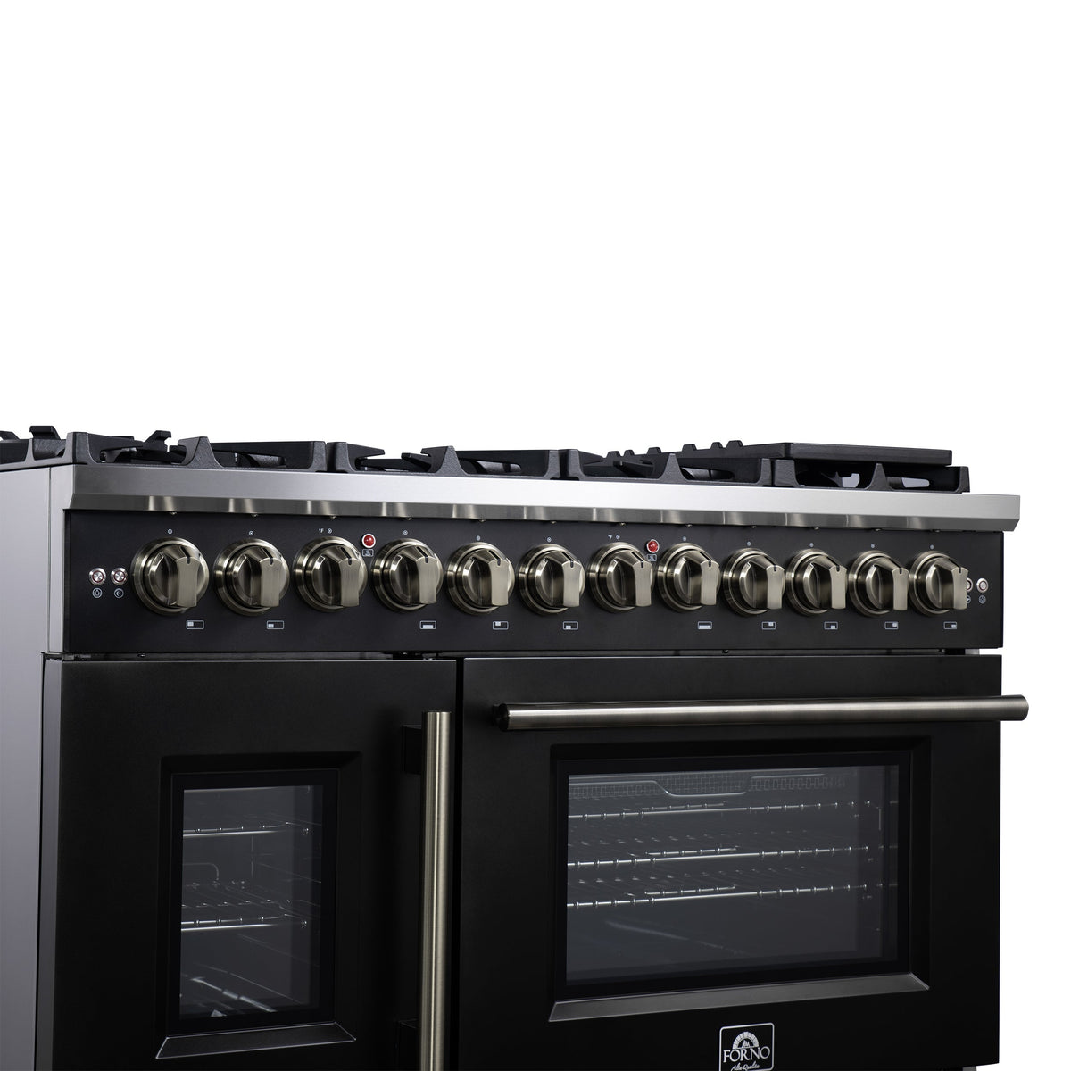 Forno Capriasca 48-Inch Dual Fuel Range, 6.58 cu. ft. Oven, 8 Sealed Brass Burners, Air Fryer Kit, Rotisserie Kit, Wok Ring & Griddle, Black with Antique Brass Accents (FFSGS6387-48BLK)