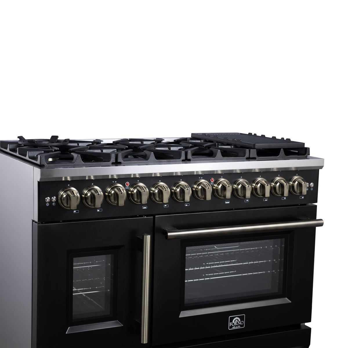 Forno Capriasca 48-Inch Dual Fuel Range, 6.58 cu. ft. Oven, 8 Sealed Brass Burners, Air Fryer Kit, Rotisserie Kit, Wok Ring & Griddle, Black with Antique Brass Accents (FFSGS6387-48BLK)