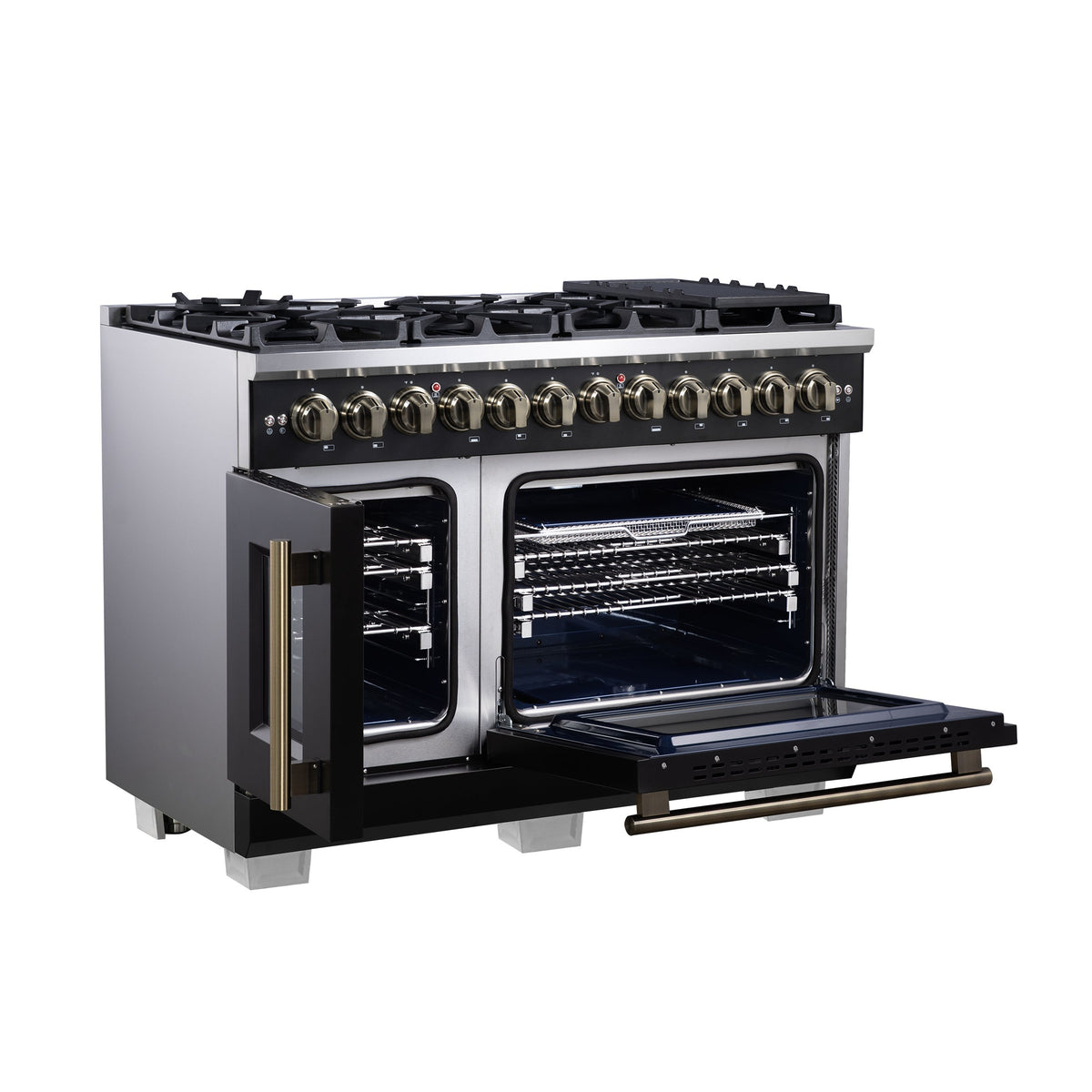 Forno Capriasca 48-Inch Dual Fuel Range, 6.58 cu. ft. Oven, 8 Sealed Brass Burners, Air Fryer Kit, Rotisserie Kit, Wok Ring & Griddle, Black with Antique Brass Accents (FFSGS6387-48BLK)