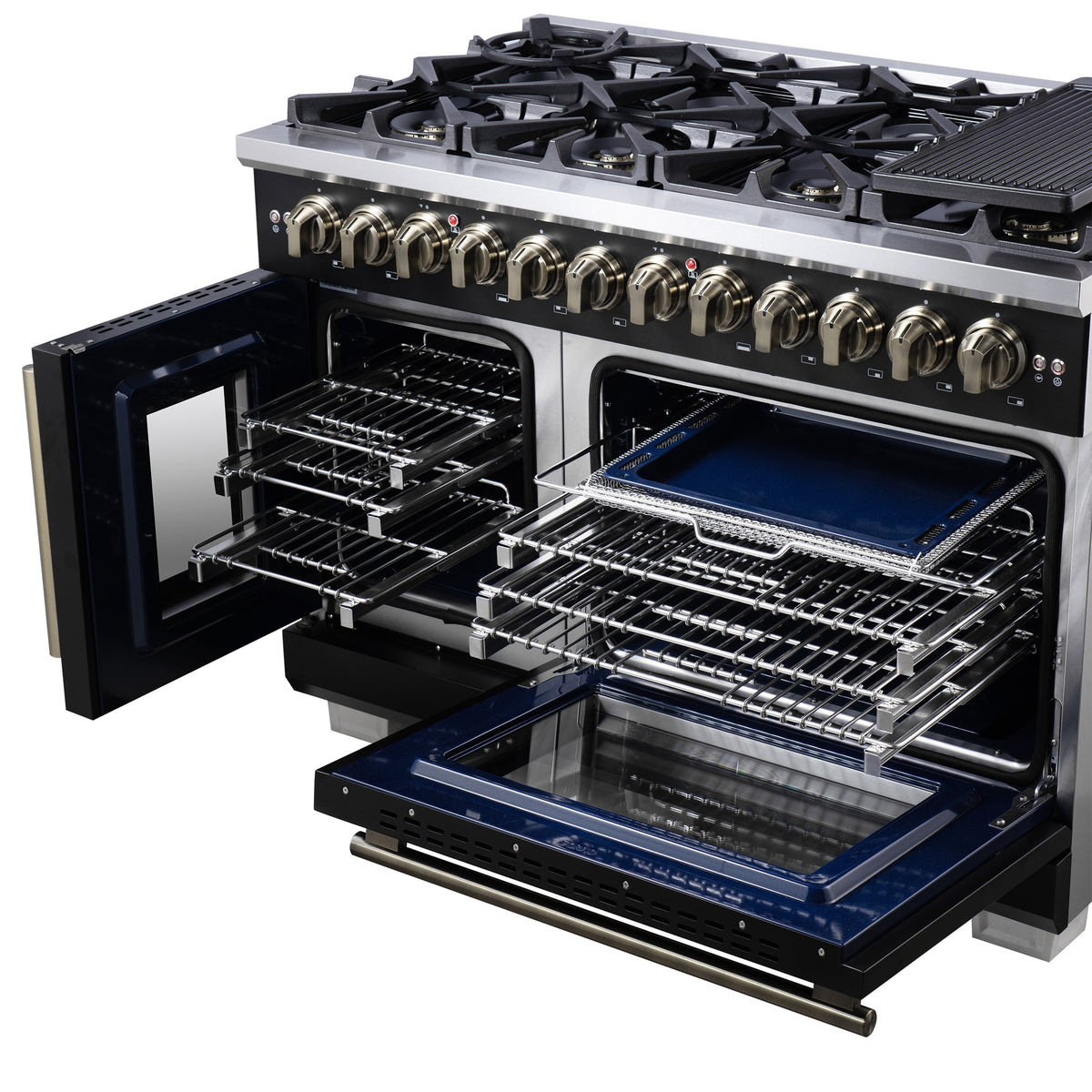 Forno Capriasca 48-Inch Dual Fuel Range, 6.58 cu. ft. Oven, 8 Sealed Brass Burners, Air Fryer Kit, Rotisserie Kit, Wok Ring & Griddle, Black with Antique Brass Accents (FFSGS6387-48BLK)