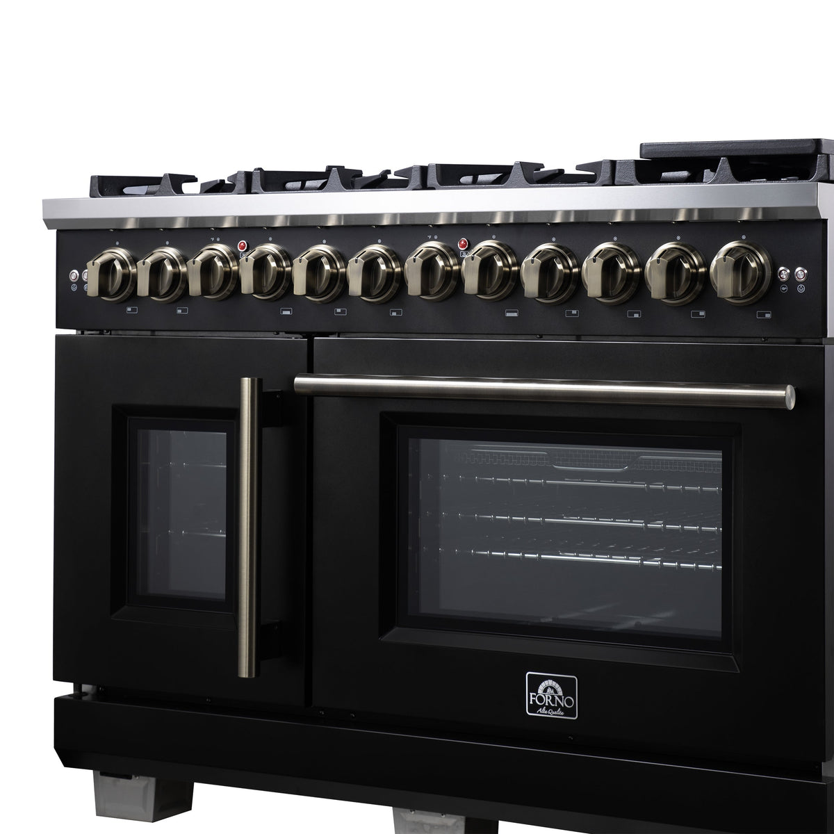 Forno Capriasca 48-Inch Dual Fuel Range, 6.58 cu. ft. Oven, 8 Sealed Brass Burners, Air Fryer Kit, Rotisserie Kit, Wok Ring & Griddle, Black with Antique Brass Accents (FFSGS6387-48BLK)