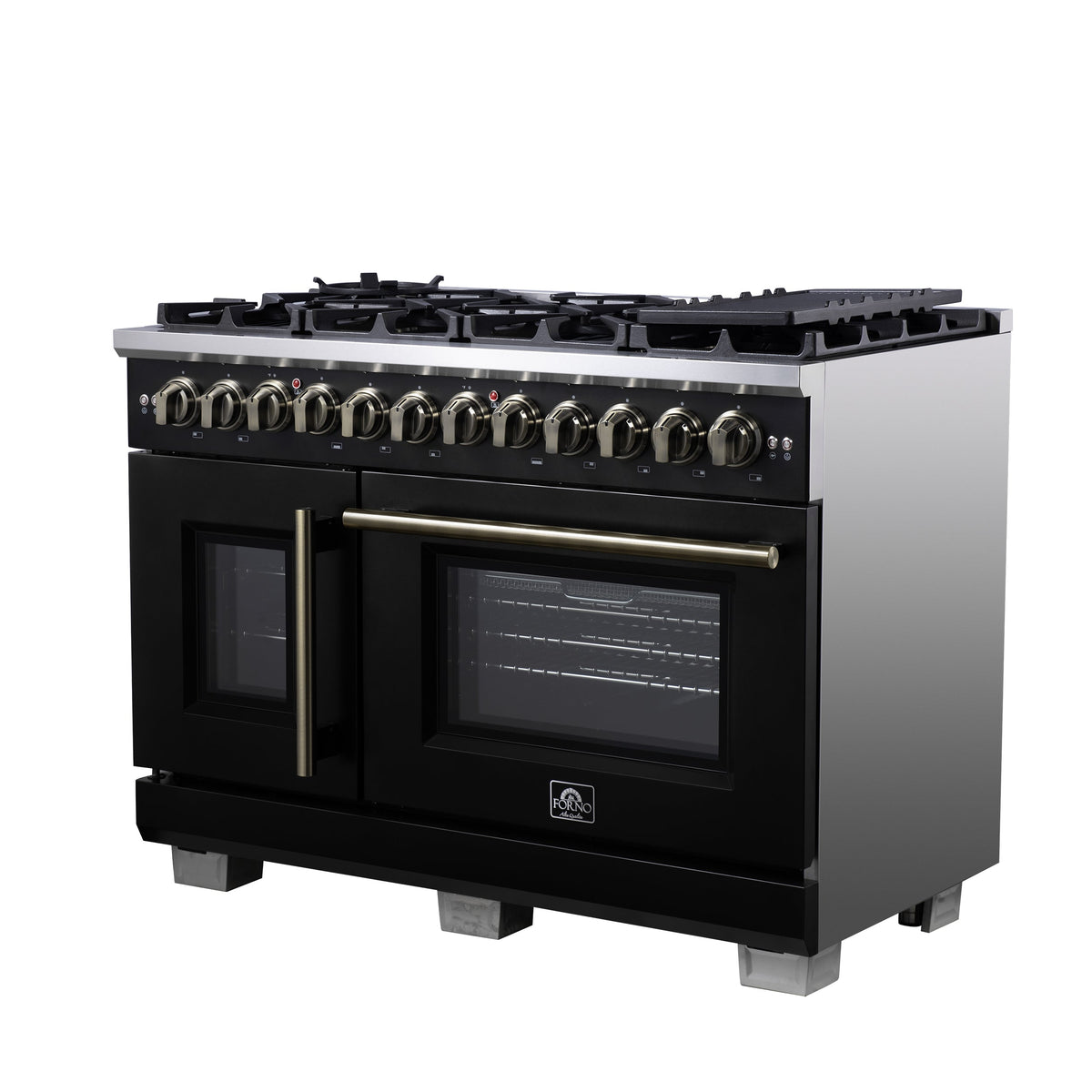 Forno Capriasca 48-Inch Dual Fuel Range, 6.58 cu. ft. Oven, 8 Sealed Brass Burners, Air Fryer Kit, Rotisserie Kit, Wok Ring & Griddle, Black with Antique Brass Accents (FFSGS6387-48BLK)