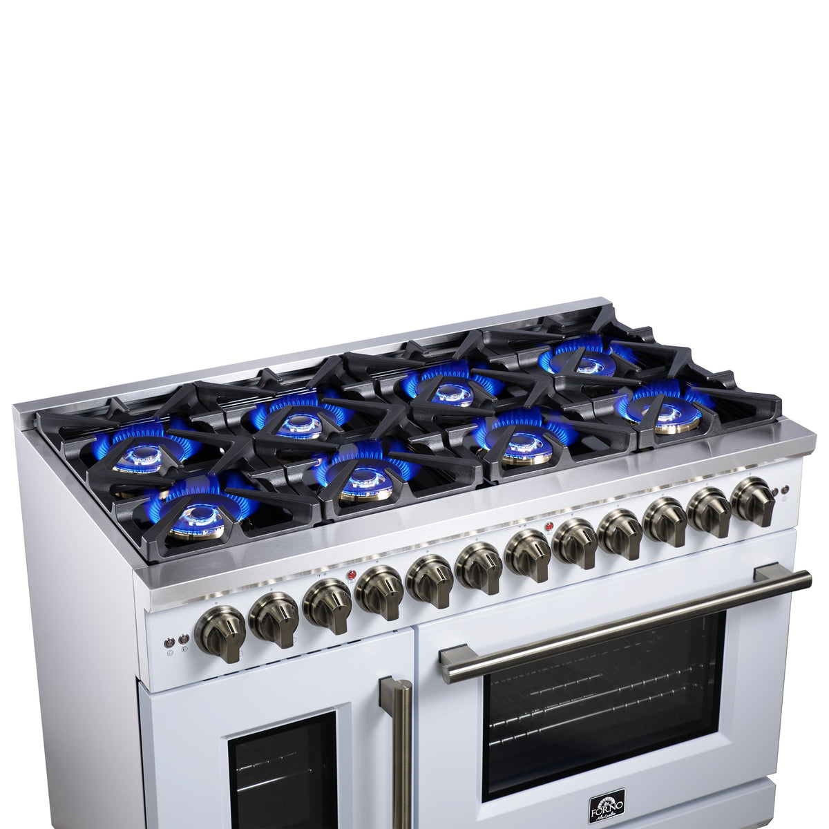 FORNO Capriasca 48-Inch Dual Fuel Range, 6.58 cu. ft. Oven, 8 Sealed Brass Burners, Air Fryer Kit, Rotisserie, Griddle, Wok Ring, White with Antique Brass Acccents (Model: FFSGS6387-48WHT)