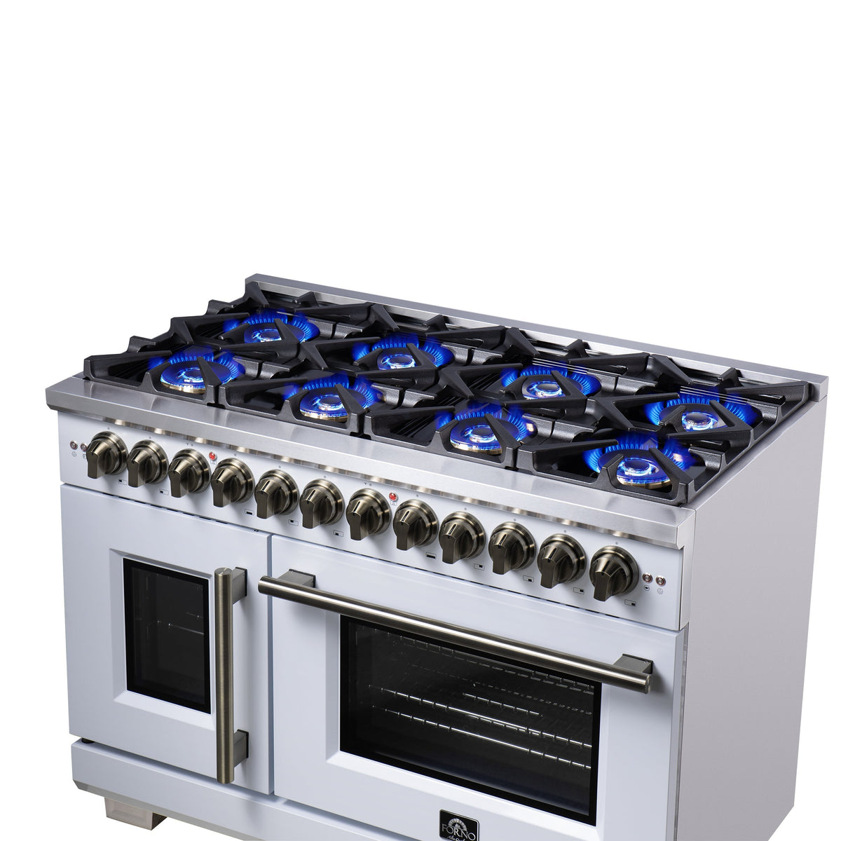 FORNO Capriasca 48-Inch Dual Fuel Range, 6.58 cu. ft. Oven, 8 Sealed Brass Burners, Air Fryer Kit, Rotisserie, Griddle, Wok Ring, White with Antique Brass Acccents (Model: FFSGS6387-48WHT)