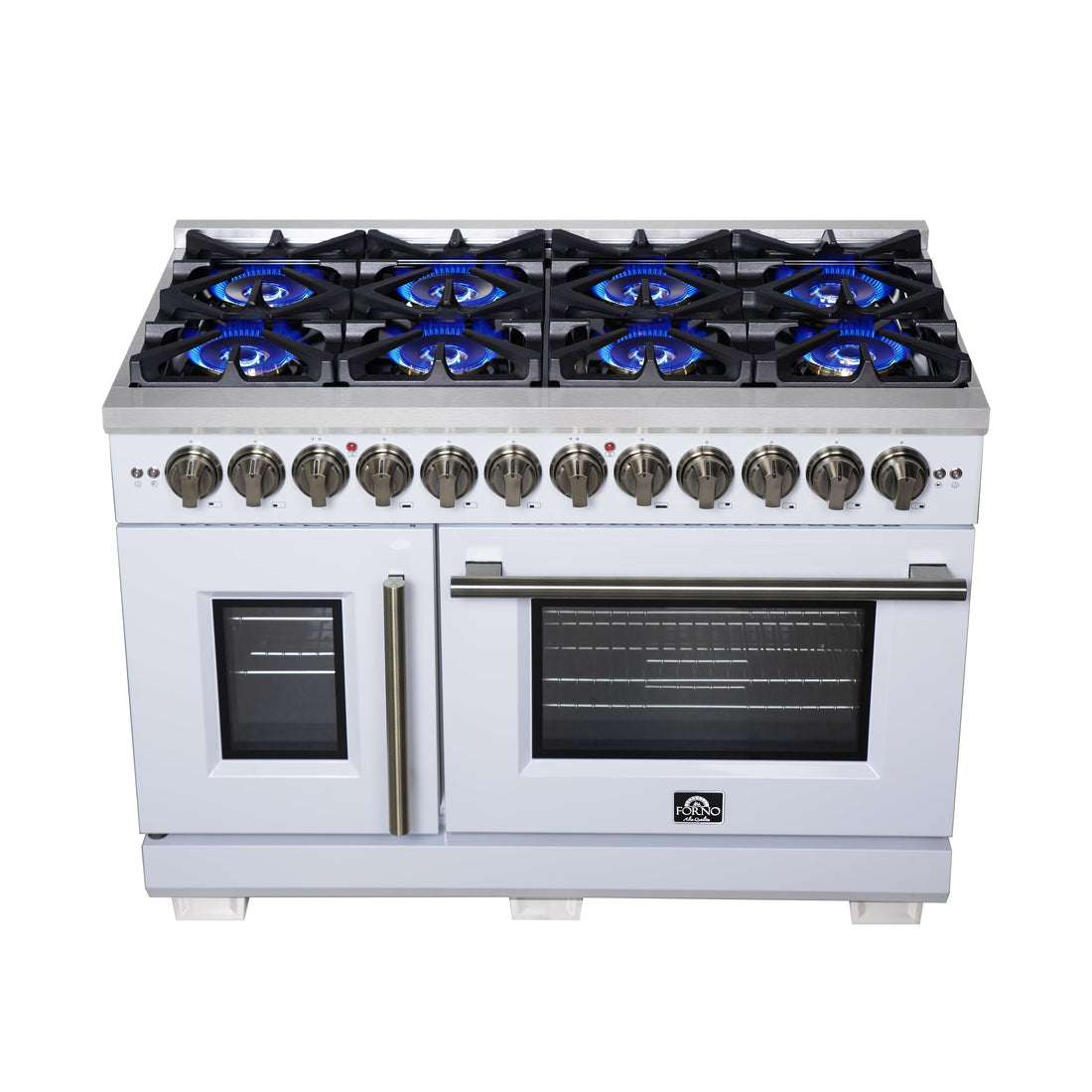 FORNO Capriasca 48-Inch Dual Fuel Range, 6.58 cu. ft. Oven, 8 Sealed Brass Burners, Air Fryer Kit, Rotisserie, Griddle, Wok Ring, White with Antique Brass Acccents (Model: FFSGS6387-48WHT)