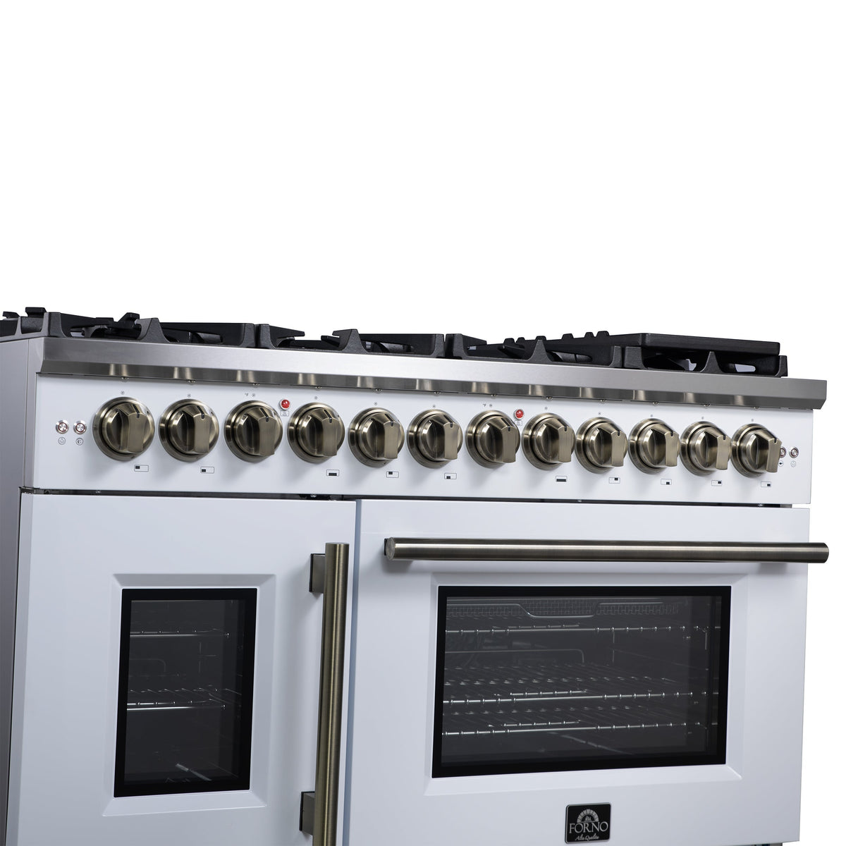 FORNO Capriasca 48-Inch Dual Fuel Range, 6.58 cu. ft. Oven, 8 Sealed Brass Burners, Air Fryer Kit, Rotisserie, Griddle, Wok Ring, White with Antique Brass Acccents (Model: FFSGS6387-48WHT)