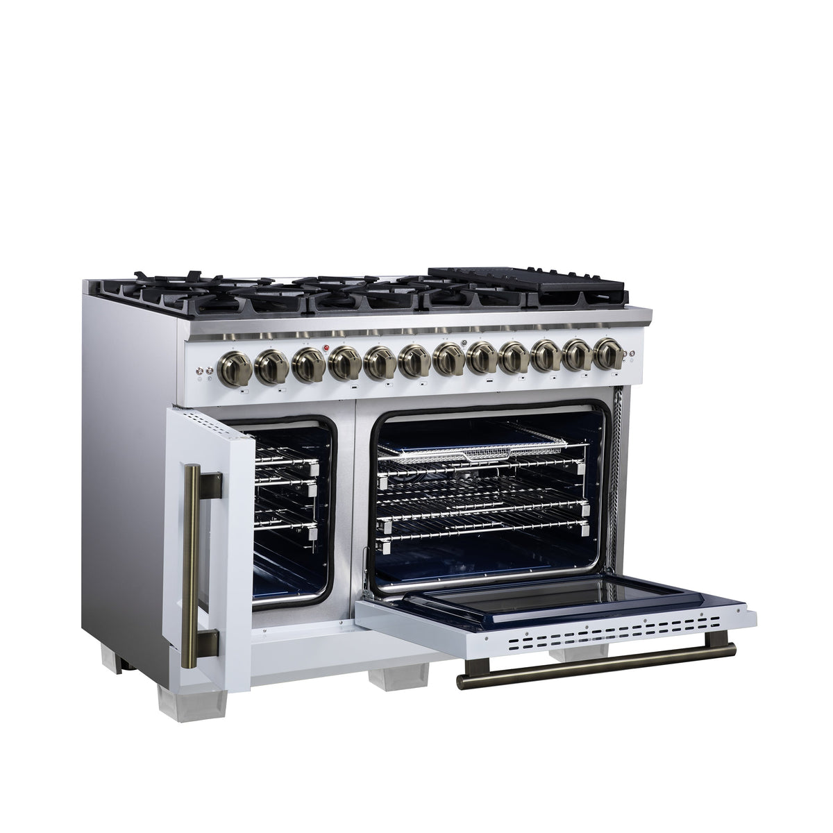 FORNO Capriasca 48-Inch Dual Fuel Range, 6.58 cu. ft. Oven, 8 Sealed Brass Burners, Air Fryer Kit, Rotisserie, Griddle, Wok Ring, White with Antique Brass Acccents (Model: FFSGS6387-48WHT)