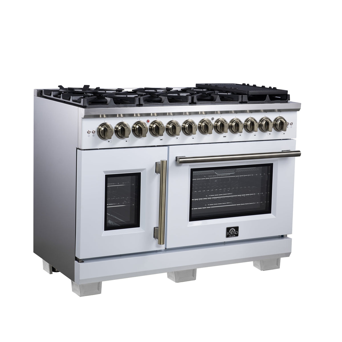 FORNO Capriasca 48-Inch Dual Fuel Range, 6.58 cu. ft. Oven, 8 Sealed Brass Burners, Air Fryer Kit, Rotisserie, Griddle, Wok Ring, White with Antique Brass Acccents (Model: FFSGS6387-48WHT)