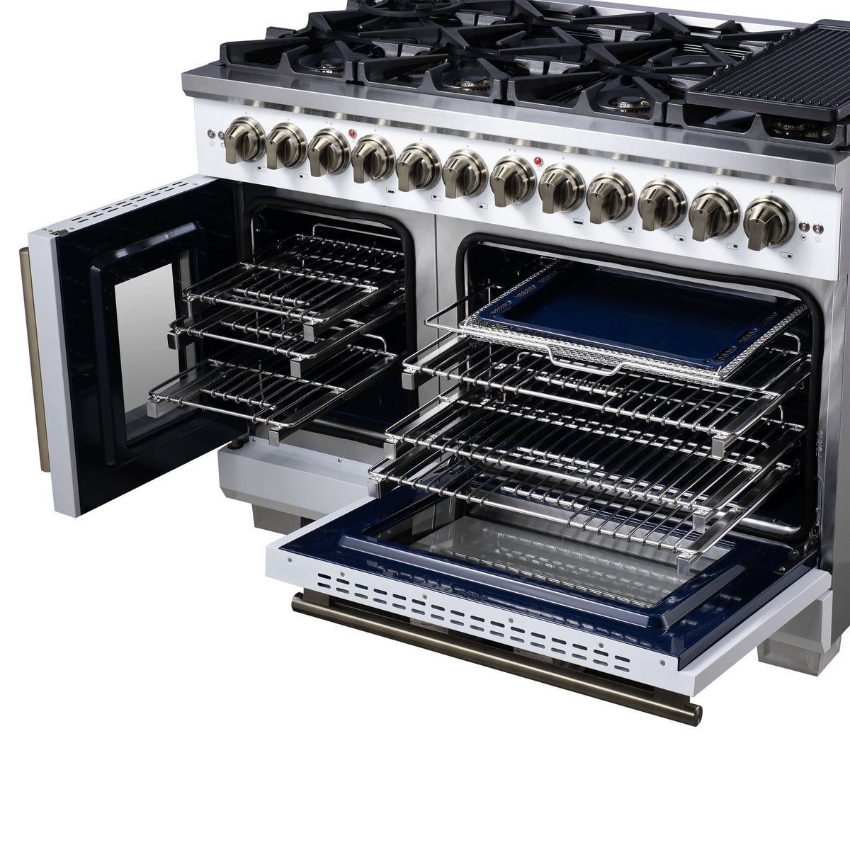 FORNO Capriasca 48-Inch Dual Fuel Range, 6.58 cu. ft. Oven, 8 Sealed Brass Burners, Air Fryer Kit, Rotisserie, Griddle, Wok Ring, White with Antique Brass Acccents (Model: FFSGS6387-48WHT)