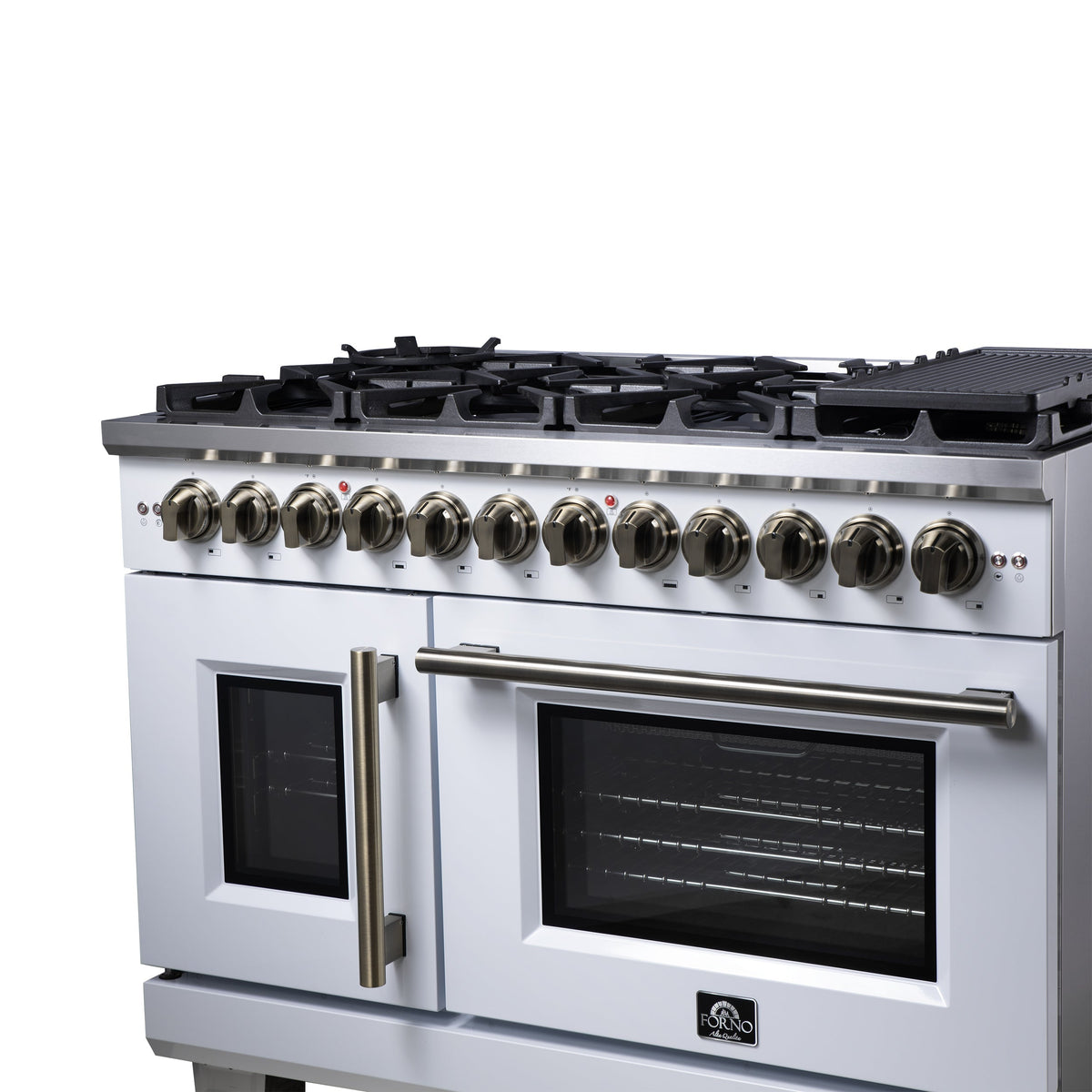FORNO Capriasca 48-Inch Dual Fuel Range, 6.58 cu. ft. Oven, 8 Sealed Brass Burners, Air Fryer Kit, Rotisserie, Griddle, Wok Ring, White with Antique Brass Acccents (Model: FFSGS6387-48WHT)